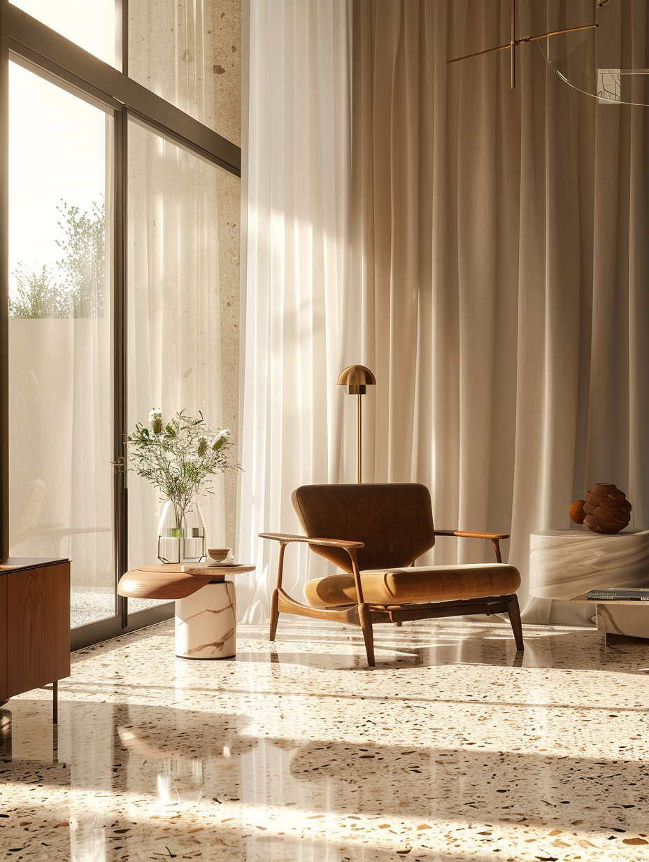 Visualize a photorealistic image capturing the essence of Interior Designs With Terrazzo - Retro Revival Themed. The room basks in the soft, warm glow of the afternoon sun seeping through sheer curtains, creating a play of light and shadow on the glossy terrazzo flooring, speckled with marble, quartz, and glass pieces in pastel hues. Mid-century modern furniture, with its clean lines and organic shapes, complements the terrazzo’s nostalgic charm. The scene meticulously balances natural and artificial light to emulate global illumination, highlighting textures like the velvety sofa upholstery and the polished brass accents. Adopting the visual clarity and depth akin to the work of renowned photographers such as Julius Shulman, the image employs a DSLR camera with a 50mm prime lens, set to f/1.8 to achieve sharp focus on the foreground while gently blurring the background, enhancing the feeling of depth. The composition ensures a harmonious balance, directing the viewer’s eye through the space, with elements positioned to lead to an aesthetically pleasing arrangement that evokes the 2020s high-quality visual content style, incorporating high detail, precise exposure settings, and a subtle film grain texture for a touch of realism.