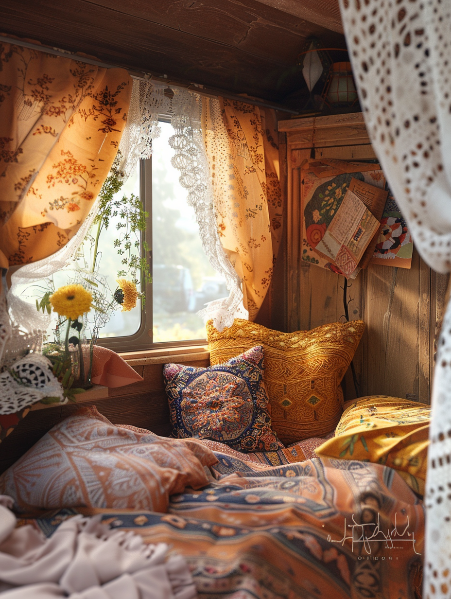 Generate a highly detailed, photorealistic image of a Boho Camper Van interior, capturing the essence of modern Bohemian charm. The main view focuses sharply on a cozy, well-lit corner, filled with plush, colorful textiles and rustic wooden surfaces. Use a full-frame DSLR camera setup, with a 35mm lens at f/1.4 for a shallow depth of field, ensuring the foreground details are in razor-sharp focus while gently blurring the background. Mimic the natural light of a late afternoon, filtering softly through lace curtains, creating a warm, golden glow with subtle shadows that highlight textures and emphasize the intricate patterns on the fabrics. Incorporate global illumination to give the scene a lifelike depth and realism, with high detail and just a hint of film grain to enhance the vintage feel. Carefully balance the composition by juxtaposing the softness of the textiles against the rough texture of the wood, embodying the high-quality visual content of the 2020s, reminiscent of a scene captured by a renowned lifestyle photographer.