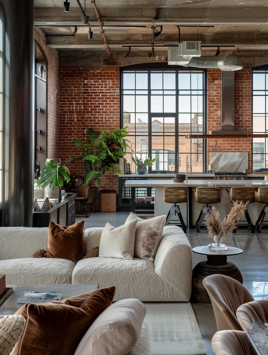 Capture a Metropolitan Chic - Urban Loft Interior in sharp focus, embodying the essence of a 2020s high-end photography shoot. Position the camera to use a Canon EOS R5 with an EF 24-70mm f/2.8L II USM lens, settings adjusted for shallow depth of field (f/2.8) to emphasize textures and material quality. The main subject is the intersection of sleek, modern furniture with rustic, exposed brick walls, illuminated by a generous influx of natural light through large, steel-framed windows. This light casts dynamic shadows and enriches the scene with warmth, complemented by strategically placed LED panels to achieve a balanced global illumination effect. Echo the visual storytelling of Peter McKinnon’s urban scenes, ensuring every element from the polished concrete floor to the soft, luxurious textiles on the furniture showcases high detail, rich textures, and contrasts. Incorporate a touch of film grain to accentuate the photorealistic quality, making the viewer feel this moment is captured, not created.