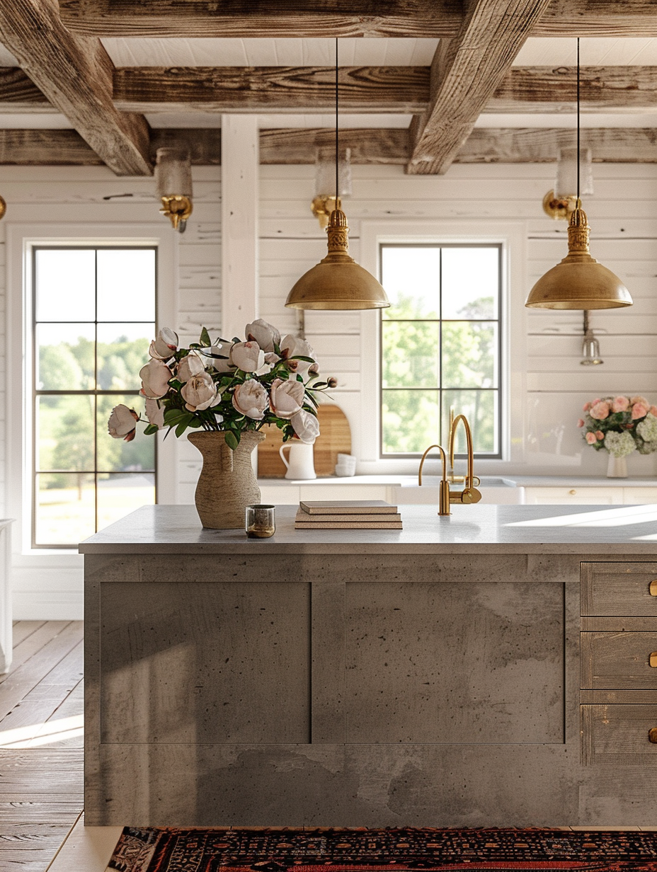 Capture a photorealistic image of a modern farmhouse interior, embodying updated classics with an air of lived-in luxury. The main scene unfolds in a spacious kitchen, where the marriage of rustic charm and sleek modernity is evident. White shiplap walls contrast with natural wood beams overhead, while a large, central island with a polished concrete countertop commands focus. Sunlight pours through casement windows, casting soft, diffused light that enhances the texture of a vintage, hand-knotted rug underfoot. The ambiance is further enriched by the glow of brass pendant lights, adding warmth to the space. For this composition, use a Canon EOS R5 camera paired with a Canon RF 24-70mm F2.8 lens, set to mimic the natural depth and high detail reminiscent of the work of a photographer like William Abranowicz. The image should be shot at golden hour to maximize the natural light's effect on the interior, emphasizing shadows and highlights that give life to the textures of the wood and fabric within the room. Aim for a balance in the composition that draws the viewer’s eye across the scene, integrating elements like a vase of fresh peonies on the island and a stack of well-loved cookbooks in the background, to convey a sense of authenticity and harmony in this modern farmhouse setting.