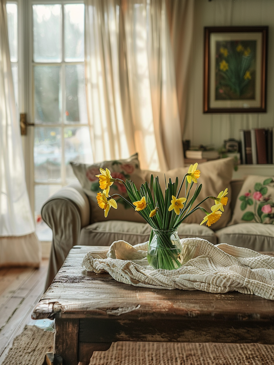 Capture a homestead living room in early spring, bathed in the soft, warm glow of the morning sun filtering through sheer, fluttering curtains. Center the scene on a rustic wooden coffee table adorned with a vase of freshly cut daffodils, their vibrant yellow contrasting with the muted greens and earthy browns of the surrounding decor. In the background, a well-loved, plush sofa invites relaxation, draped with a handwoven throw featuring delicate floral patterns. The room should exude a sense of renewal, with elements like pastel-colored cushions, a stack of gardening books on a side table, and a series of framed botanical prints on the wall, illustrating the home's awakening to spring. Utilize a Canon EOS R5 camera with a 50mm f/1.2L USM lens, ensuring high detail and sharp focus on the coffee table setup while softly blurring the background for depth. Emphasize natural light's interplay with textures, such as the softness of the throw against the wood's grain and the glass vase's gentle reflections. Aim for a composition that feels balanced yet dynamic, echoing the style of a modern, high-quality home lifestyle magazine from the 2020s, akin to the works of photographers like Nicole Franzen. The image should subtly incorporate advanced lighting techniques like global illumination to highlight the scene's tranquility and the seasonal theme of renewal, capturing the mood and texture in a way that feels immediate and genuine, with a hint of film grain to add depth.