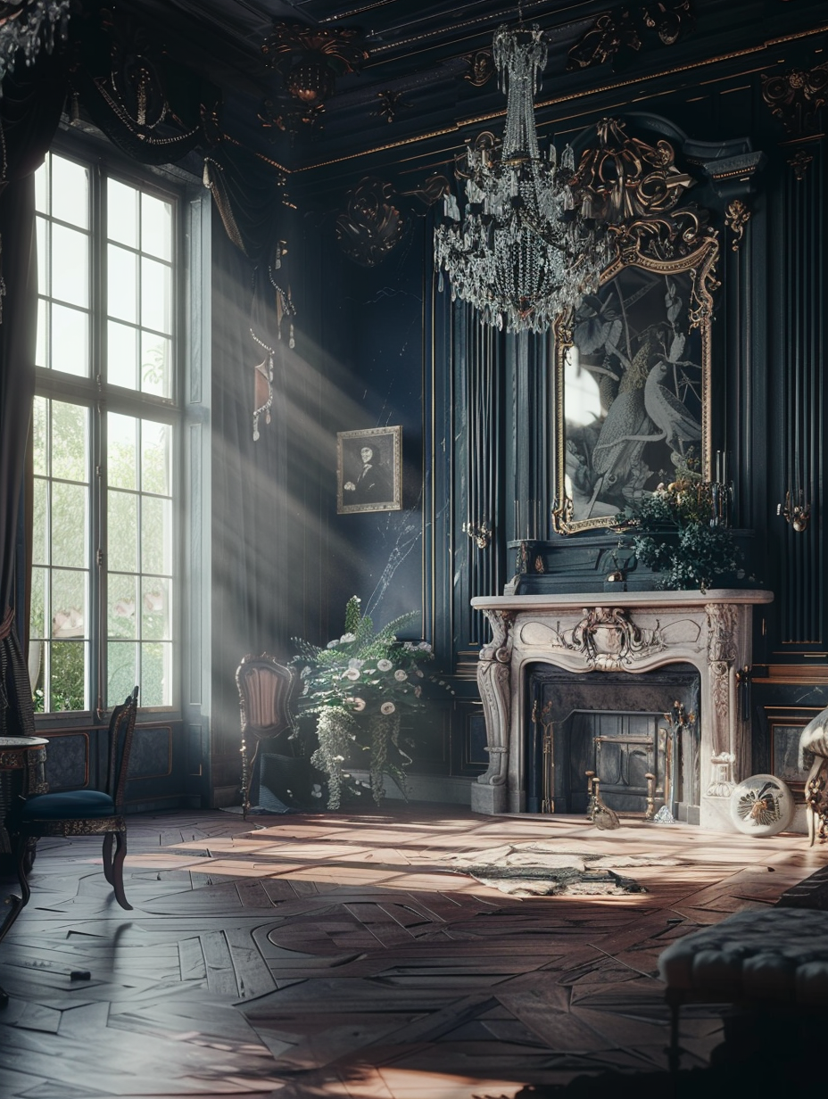 Capture a lavish French villa interior, evoking scenes akin to Peter Lindbergh's 2020s high-fashion photography. Utilize a full-frame DSLR, ideally a Canon EOS 5D Mark IV, with a 24-70mm f/2.8L lens, settings attuned to achieve deep focus and ambient natural light pouring through open windows, enhancing intricate details and textures. The composition should balance opulence and homeliness, highlighting a grand, ornate fireplace with intricate carvings, luxurious velvet drapes, and a vintage chandelier casting soft, dynamic shadows, which play against the rich, polished herringbone wood floors. Emphasize high detail, sharp focus, with a touch of film grain to add texture and depth, capturing the essence of refined, sumptuous living spaces that whisper tales of elegance and history.