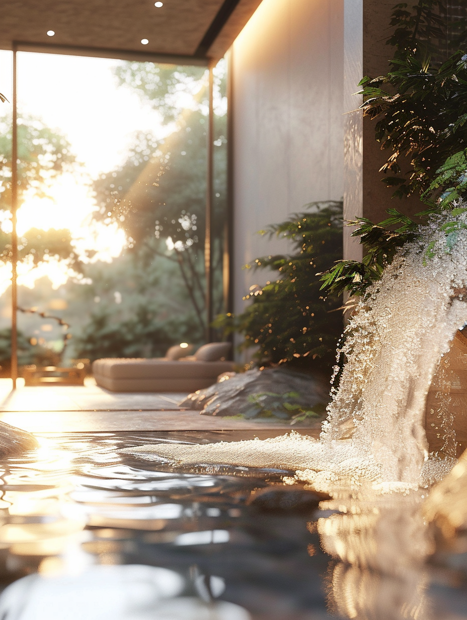 Craft a photorealistic image capturing the essence of a Natural Lights - Luxury Hotel Room with Waterfall Inspiration. The scene unfolds in the soft glow of dawn, utilizing global illumination and natural light streaming through floor-to-ceiling windows, rendering every detail in sharp focus. The room, adorned with earthy tones and textures, harmonizes with a cascading waterfall feature, subtly lit to enhance its fluid motion. High detail, like the gentle ripple of water and the delicate weave of linen, should be visible, evoking a tactile sense. Use a Canon EOS-1D X Mark III, with a 24mm f/1.4L II USM lens, capturing this serene moment with a shallow depth of field, creating a bokeh effect that emphasizes the room's luxurious elements while softly blurring the background. Emulate the clarity and color grading reminiscent of a Peter McKinnon landscape, balancing the composition with natural elements and architectural finesse. Ensure the image resonates with the quiet elegance of 2020s high-end interior photography, complete with nuanced lighting and a palpable sense of tranquility.