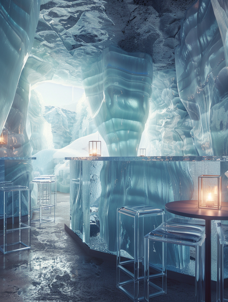 Craft a photorealistic image of an ice-themed interior design for a North Pole-inspired bar. The scene is illuminated by soft, natural light filtering through transparent ice walls, showcasing the subtle global illumination typical of Arctic daylight. The main subject, a sleek ice-sculpted bar counter, glistens under this diffuse lighting, surrounded by ice chairs and tables that mimic the shapes of glacial formations. High-detail textures of the ice should reveal minute air bubbles and crystalline structures, demonstrating sharp focus and a depth of field reminiscent of a Canon EOS R5 camera equipped with a 24-70mm f/2.8 lens, ensuring every surface texture is crisply rendered. The image’s composition is balanced, with the bar counter centrally framed, inviting viewers into the scene. Advanced lighting techniques highlight the translucent quality of the ice, casting soft shadows that provide a sense of dimensionality. The color palette, primarily in cool blues and whites, should be complemented by the warm hues of scattered, soft-glowing lanterns, adding a cozy ambiance to the chilly setting. Achieve a film grain effect for a touch of realism that nods to the high-quality visual content of the 2020s, perhaps echoing the atmospheric and meticulously designed shots found in the works of photographer Simon Stålenhag. The mood is serene and inviting, with the ambient sounds of distant Arctic winds enhancing the immersive experience of this unique bar environment.