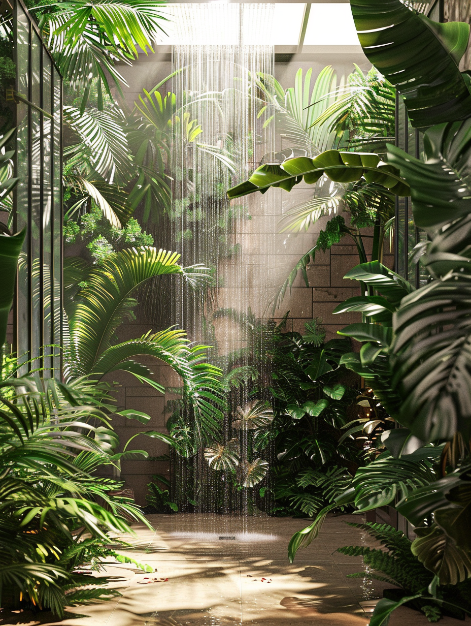 Craft a highly detailed photorealistic image of a Plants - Shower Room Design infused with Jungle Inspiration, reminiscent of the immersive depth found in Ren Hang's photography. Visualize a spacious, naturally lit shower room, where the gentle morning light filters through a large, frosted glass window, casting soft yet distinct shadows across an array of lush, green tropical plants. These plants, including tall Monstera, feathery ferns, and delicate orchids, are strategically placed around a central, walk-in shower area, which features natural stone tiles and a large, rainfall showerhead. The scene captures the essence of a secluded jungle waterfall