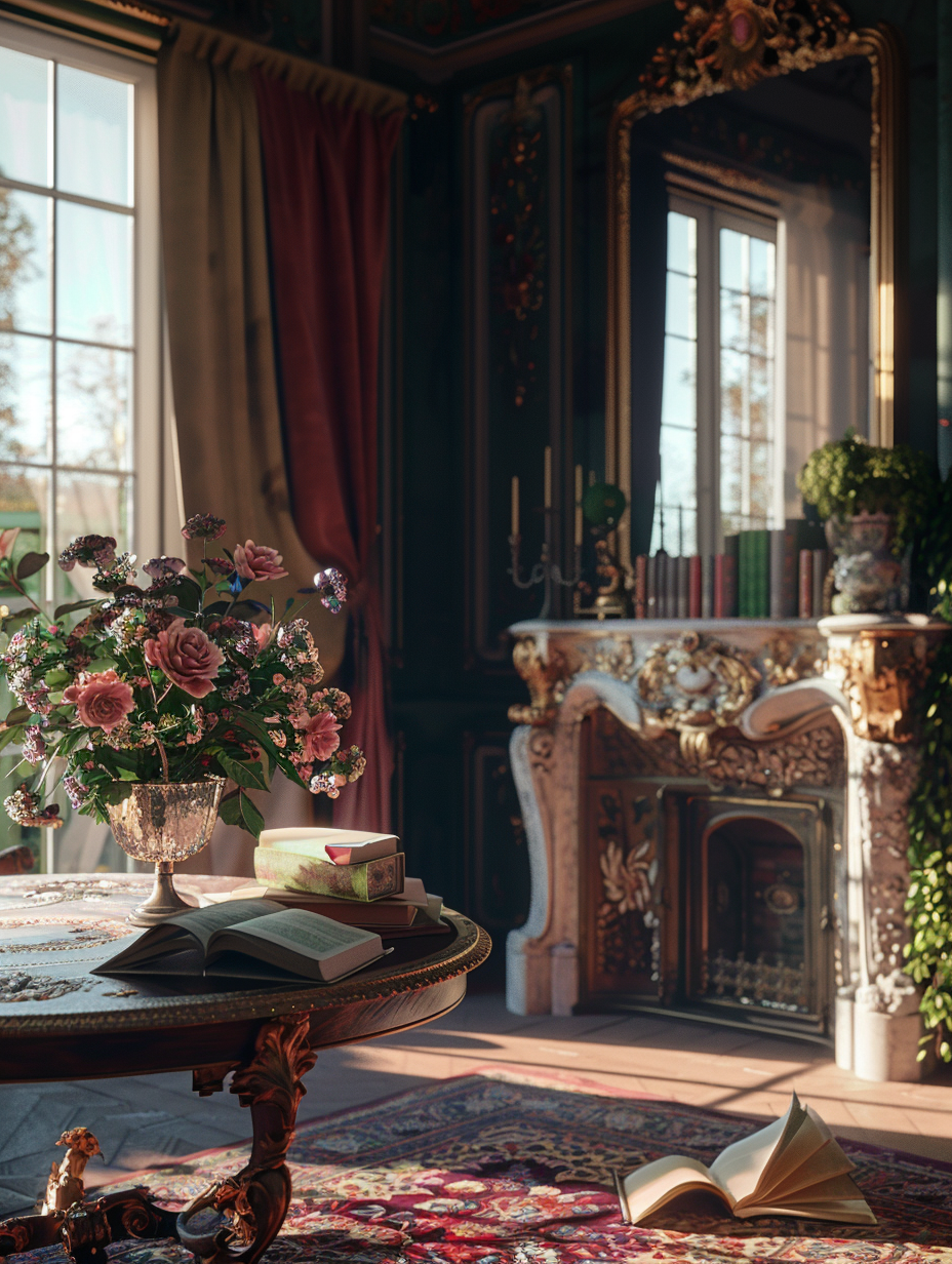 Capture a photorealistic image of an opulent French Villa's interior that embodies the essence of lavish living, reminiscent of high-quality 2020s visual content. Employ a full-frame DSLR camera setup, using a 24-70mm f/2.8 lens at 35mm focal length to ensure sharp focus and a wide angle that encompasses the grandeur of the room. The image should leverage natural light pouring through large, floor-to-ceiling windows, enhanced with subtle global illumination techniques to highlight intricate details like the rich texture of velvet drapes, the gleaming surface of a marble fireplace, and the intricate patterns of a Persian rug. Compositionally, balance the scene with a central focus on a Louis XVI-style ornate gold mirror that reflects the soft, ambient light, creating a warm, inviting atmosphere. The scene is set in late afternoon, capturing the golden hour's magic, adding depth and a soft film grain texture for realism. Referencing the visual storytelling of renowned photographers such as Simon Watson, the image is meticulously staged to combine luxury with a hint of lived-in charm, featuring a strategically placed open book on an antique mahogany table and a crystal vase of freshly cut roses, suggesting life and elegance.