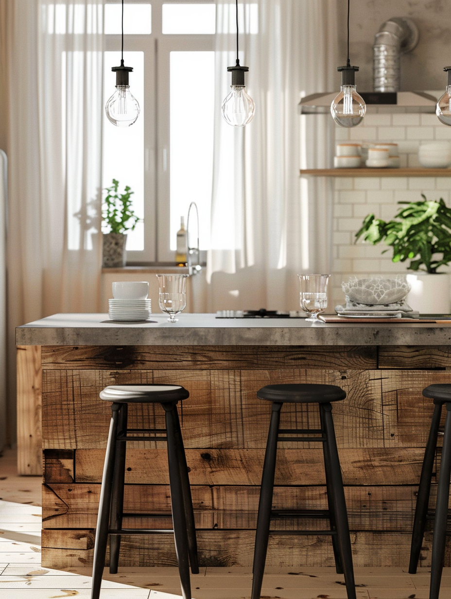 Capture a high-resolution, photorealistic image of a modern farmhouse interior that embodies updated classics. The scene is bathed in the soft, diffuse light of a late afternoon, filtering through sheer linen curtains and casting gentle shadows. Central to the composition is a rustic yet sleek kitchen island made of reclaimed wood, topped with polished concrete, and surrounded by minimalist, matte black stools. Above, a series of pendant lights with vintage Edison bulbs hang, their warm glow highlighting the subtle textures of the wood and concrete. The camera, a Canon EOS R5 equipped with an RF 28-70mm F2 L USM lens, is positioned at human eye level to give a natural, immersive perspective. Settings are fine-tuned to achieve a narrow depth of field, sharply focusing on the island while softly blurring the background, where hints of a steel range, open shelving displaying ceramics, and a large, leafy potted plant can be discerned. Aim for the style and clarity seen in the works of renowned architectural photographers, incorporating high detail, natural light simulation, and a balanced composition that tells a story of modern rustic elegance.