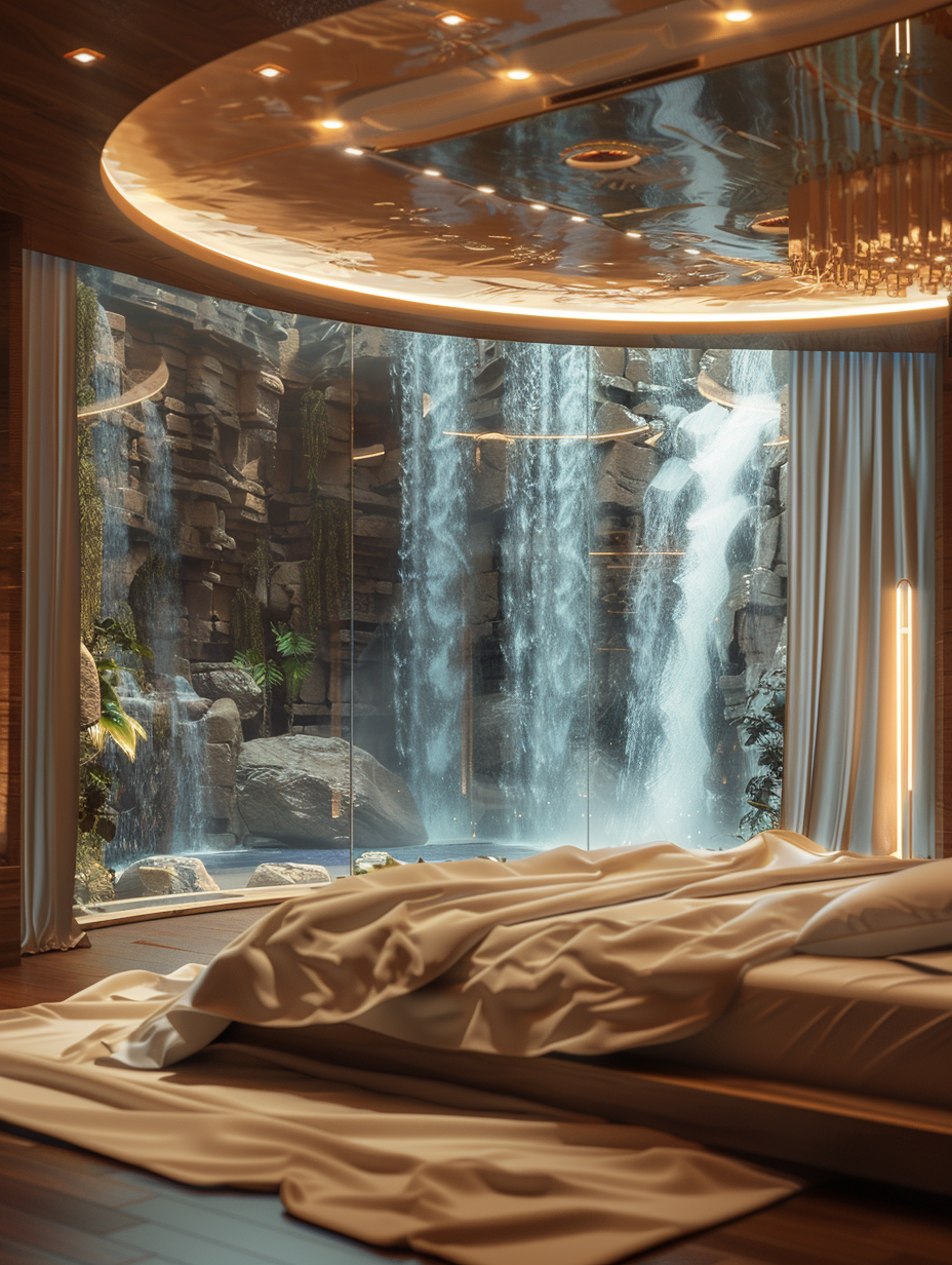 Capture a photorealistic image of a luxury hotel room design inspired by natural lights and waterfall elements. The main subject is the lavish, king-sized bed with pristine white linens, positioned to catch the morning light cascading through a floor-to-ceiling glass window that overlooks a serene, man-made waterfall feature. The room employs advanced lighting techniques, highlighting a balanced interplay between the soft, natural daylight and the warm, ambient lights installed in the ceiling, creating a cozy yet vibrant atmosphere. The composition mimics the style of a Peter Lik landscape, with a focus on sharp details, high detail textures such as the rich wooden floor, plush carpets, and delicate fabric textures, and a depth of field that brings every element into vivid clarity. A modern, DSLR camera setup with a 50mm prime lens at f/1.8, ISO 100, is used to achieve a shallow depth of field, highlighting the textural contrasts between the luxurious materials used in the room and the natural beauty outside. The image should exude the morning's tranquility with a balanced composition, focusing on symmetry and the harmonious blend of interior luxury and natural elegance.