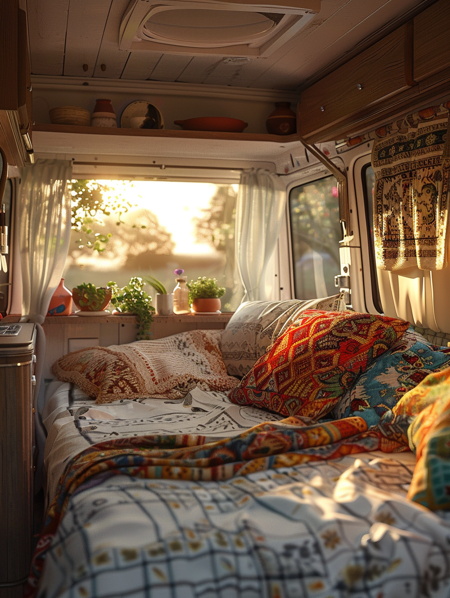 Create a photorealistic image capturing the intimate, bohemian spirit of a camper van's interior, bathed in the golden hues of sunset. The scene is meticulously composed through a Canon EOS 5D Mark IV, utilizing a 24-70mm f/2.8L lens to ensure vivid details and a shallow depth of field. The natural light seeps in through half-open windows, creating a soft, global illumination that highlights the intricate textures of the van's wooden surfaces and the cozy, eclectic mix of Moroccan pillows and vintage tapestries adorning the space. The composition is balanced yet dynamic, with the eye being led from the warmly lit, inviting bed, past the small, functional kitchenette adorned with handmade pottery and vibrant, fresh herbs, to the open back doors that offer a glimpse of the tranquil natural landscape beyond. The scene combines the charm of boho aesthetics with the freedom of van life, capturing a moment that is both paused in time yet brimming with stories, achieved through high detail, sharp focus, and a slight film grain texture to evoke the authenticity and warmth of early 2020s visual storytelling.