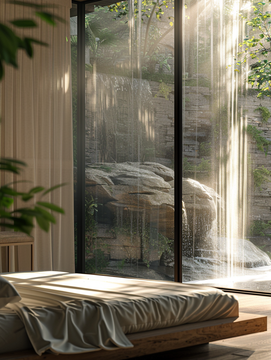 Create a photorealistic image of a luxury hotel room designed with a waterfall inspiration theme. Capture the essence of natural light flooding through floor-to-ceiling windows, reflecting off a serene, indoor waterfall cascading along a textured, stone wall. The room, bathed in soft, golden morning light, showcases a delicate balance between modern luxury and natural beauty. In the foreground, a plush, king-sized bed with crisp, white linens contrasts against the rich, wooden floor. To mimic high-quality 2020s visual content, employ a DSLR camera setting with a 50mm lens at f/1.8 for a narrow depth of field, ensuring sharp focus on the bed while softly blurring the waterfall background. Use global illumination techniques to capture the complex interplay of light and shadows, highlighting the textures of the materials and the fluidity of the water. The composition should evoke a serene, inviting atmosphere, reminiscent of a scene captured by a renowned photographer specializing in architectural photography, with attention to detail, high detail in textures, and a balanced composition that guides the viewer's eye through the scene. Aim for a realistic film grain to add depth and a tactile feel to the image.