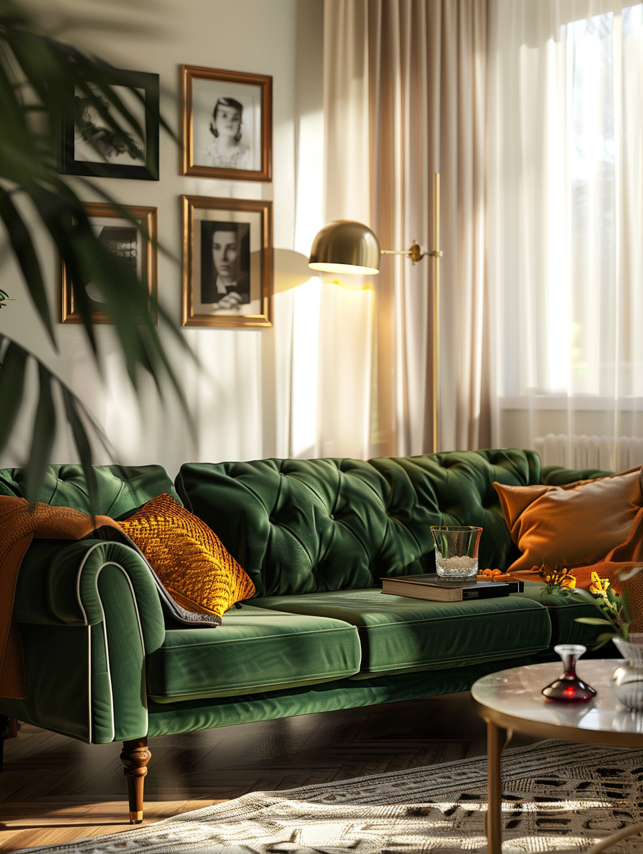 Craft a photorealistic image capturing a Retro Chic Vintage Glam Living Room, bathed in the soft, warm glow of late-afternoon sunlight filtering through sheer curtains. The camera, a Canon EOS R5 equipped with a 50mm f/1.2L USM lens, focuses sharply on a plush, emerald green velvet sofa with golden Art Deco accents, situating it centrally. Surround it with eclectic decor: a mid-century modern teak coffee table, brass floor lamps casting gentle shadows, and walls adorned with black and white photographs in gilded frames, achieving a vivid yet balanced composition. Incorporate high detail textures like the soft weave of the rug underfoot, film grain touch for a vintage feel, and careful use of global illumination to highlight the intricate fabric patterns and metallic finishes. Emulate the nuanced lighting and composed elegance found in classic Annie Leibovitz portraits, ensuring each element from the shine on a crystal decanter to the delicate fronds of a fern in the corner contributes to the scene's authentic, lived-in atmosphere.