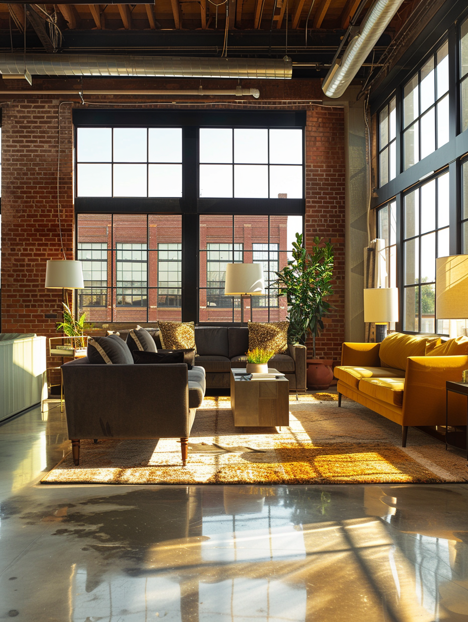 Capture a metropolitan chic, urban loft interior, emphasizing a spacious yet cozy living space. The main scene is bathed in natural light spilling through large, industrial-style windows, creating a soft glow and intricate shadows across sleek, modern furniture juxtaposed with warm, textured accents. Utilize a full-frame DSLR camera with a 50mm f/1.2 lens for sharp focus on foreground elements while gently blurring the background, rendering a depth that feels immersive. Aim for a composition reminiscent of Peter McKinnon’s dynamic range and subtlety in lighting, employing techniques like global illumination to highlight the room's high ceilings and exposed brickwork. Ensure the balance between the polished concrete floors and the soft textiles draping the furniture, capturing the essence of 2020s high-definition visual content with a nod to the atmospheric moodiness of a Christopher Nolan film scene.