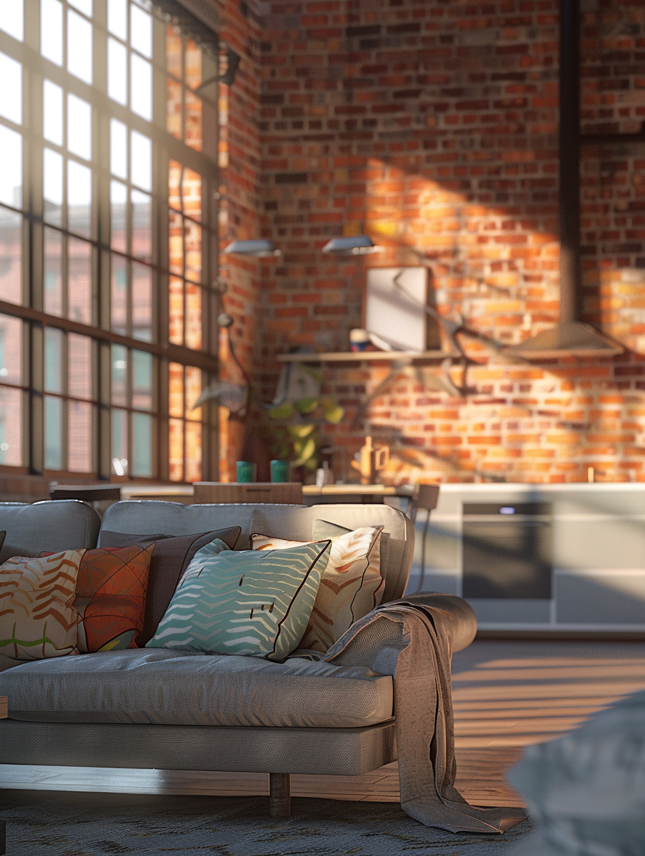 Craft a photorealistic image capturing the essence of a Metropolitan Chic- Urban Loft Interior, embodying a harmonious blend of modern and rustic elements. The scene unfolds under the soft glow of golden hour sunlight filtering through large, industrial windows, casting intricate shadows and highlighting the textures of exposed brick walls and polished concrete floors. Key features include a sleek, minimalist kitchen with high-end appliances, a cozy sitting area boasting a plush, modern sofa adorned with vibrant throw pillows, and an open-plan layout that seamlessly integrates living and dining spaces. The composition is meticulously balanced, employing a shallow depth of field to render the foreground in razor-sharp focus while softly blurring the background, simulating the effect of a DSLR camera equipped with a prime lens, around 50mm, f/1.8 for that dreamy bokeh effect. Emphasize high detail, sharp focus, and subtle film grain to enhance the realism, drawing inspiration from the cinematic elegance of 2020s high-definition visual content.