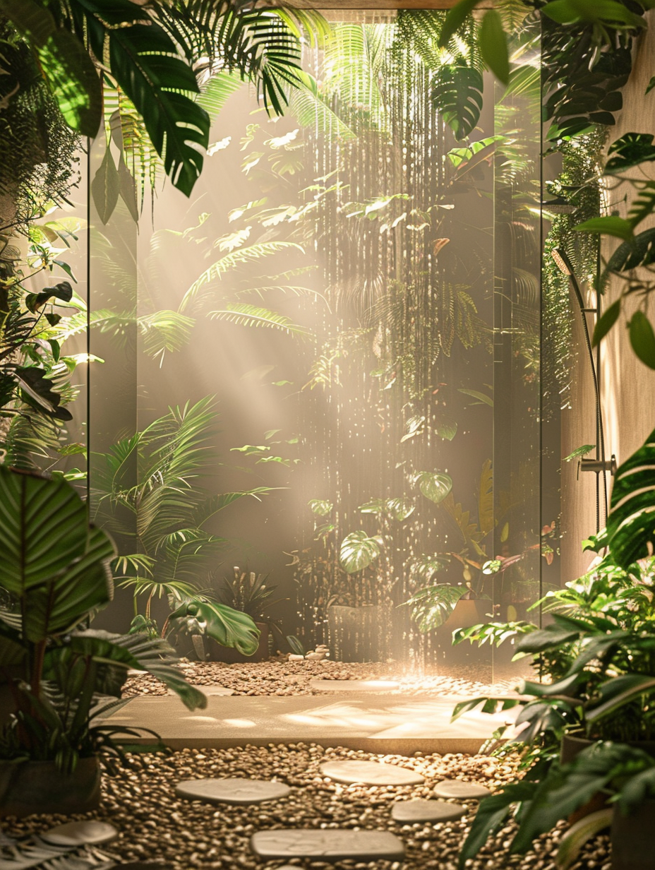 Capture a photorealistic image of an opulent Plants - Shower Room designed with a Jungle Inspiration, bathed in the soft, diffuse morning light filtering through a frosted glass window positioned on the east-facing wall. This scene should resemble a snapshot captured by a professional photographer with a Canon EOS R5 camera equipped with a RF 24-70mm F2.8 L IS USM lens, settings fine-tuned to achieve a deep depth of field ensuring everything is in sharp focus. The composition balances the lush greenery of hanging ferns, potted philodendrons, and a backdrop of moss-covered walls with the sleek modernity of matte black shower fixtures and pebble stone flooring, reflecting a sophisticated yet wild aesthetic. Utilizing advanced lighting techniques, such as global illumination, to enhance the natural textures of the plants and materials, the image should have the vibrancy and detail typical of a National Geographic piece but with the intimacy of a high-end spa brochure photo from the 2020s. The ambience conveys a serene and humid atmosphere, with droplets of water beading on glossy leaves and stone, and a slight haze suggesting early morning warmth. The sharp focus, high detail, and subtle film grain bring an organic depth to the image, making it feel like a moment frozen in time.