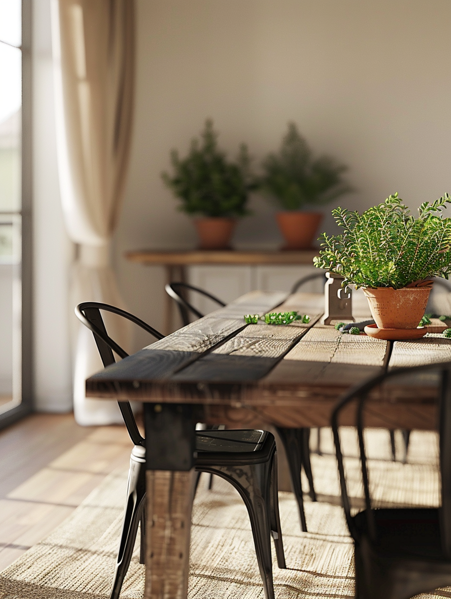 Capture a photorealistic image of a modern farmhouse interior, where contemporary chic meets rustic charm. The main scene unfolds in an open-plan living space, bathed in natural light filtering through sheer linen curtains. Focus on a central reclaimed wood dining table, surrounded by minimalist black metal chairs, atop a textured, beige wool rug. The room is accented with green indoor plants in terracotta pots, subtly placed to add life and color. Ensure the image showcases the interplay of light and shadow through advanced lighting techniques, emulating the soft, diffused global illumination characteristic of early morning. The camera settings should mimic those of a Canon EOS 5D Mark IV, equipped with a 24-70mm f/2.8 lens, set to capture sharp focus and high detail while retaining the soft, film grain texture reminiscent of Trent Parke's daylight photography. Compositionally, balance the scene with equal parts warmth and modernity, ensuring the image could pass as a snapshot from a high-end 2020s interior design magazine.