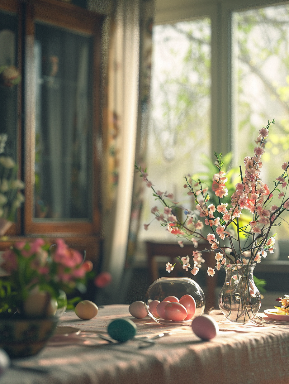 Capture a photorealistic Easter-themed interior, illuminated by the soft, diffuse light of an early morning in spring. The main focus is a beautifully set dining table, centerpieces of pastel-colored Easter eggs, and lush flower arrangements in delicate glass vases catching the light, casting subtle shadows on the linen tablecloth. High detail and sharp focus are crucial, with a depth of field that brings the foreground into crisp clarity while softly blurring the background. The environment resonates with the warmth and texture of a lived-in space, featuring wooden furniture with a gentle patina and walls adorned with light, airy curtains fluttering slightly in the breeze from an open window. Utilize a full-frame camera setup, with a 50mm prime lens at f/1.8 to achieve a stunning bokeh effect, emulating the high-quality visual style of 2020s lifestyle magazines. The composition is balanced, drawing the viewer's eye across the scene, highlighting the interaction of natural light and the vibrant colors of the Easter decor, creating a scene that feels both celebratory and serene.