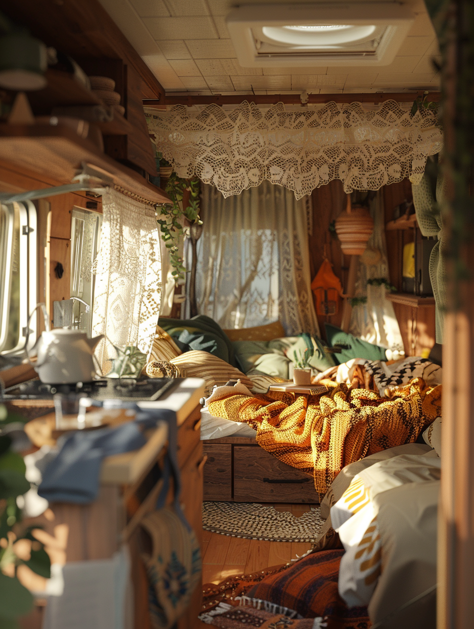 Capture a photorealistic scene inside a Boho Camper Van, defined by its cozy and eclectic interior design. The view should be from a Canon EOS R5, equipped with a 24-70mm f/2.8 lens, to grasp the intricate details, ambient lighting, and textures vividly. Emphasize the natural light cascading through lace curtains, softly illuminating the space in a warm, golden hue typical of late afternoon. The composition blends rustic wooden surfaces with vibrant, patterned textiles, a small, inviting kitchenette on one side, and a snug, inviting sleeping area on the other. High detail, sharp focus, and a touch of film grain should evoke the tactile quality of the materials, from the knotted wool throws to the polished wood grains. Frame the scene to capture the balance between the lived-in comfort and the artistic, carefully curated disorder characteristic of Boho aesthetics