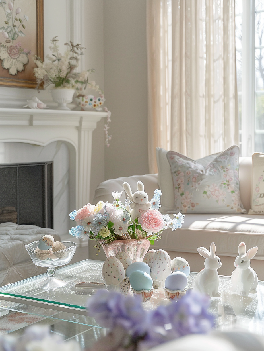 Capture a sunlit, Easter-themed living room in high-detail, emulating the style of a 2020s high-definition, interior design magazine spread. The main focus is a glass coffee table adorned with pastel-colored Easter eggs, intricate floral arrangements, and delicate bunny figurines. Natural light streams through sheer curtains, creating a warm, inviting glow and casting soft shadows that enhance the textures of the plush, white sofa and the rich, wooden flooring. The scene is shot with a full-frame DSLR camera, utilizing a 50mm lens at f/1.8 to achieve sharp focus on the table setup, while gently blurring the background, comprising a tastefully decorated fireplace mantel with spring-themed decorations. The composition is balanced, incorporating the rule of thirds, to lead the eye through the image. High-detail and subtle film grain add texture and depth, making the scene feel like a snapshot from real life.