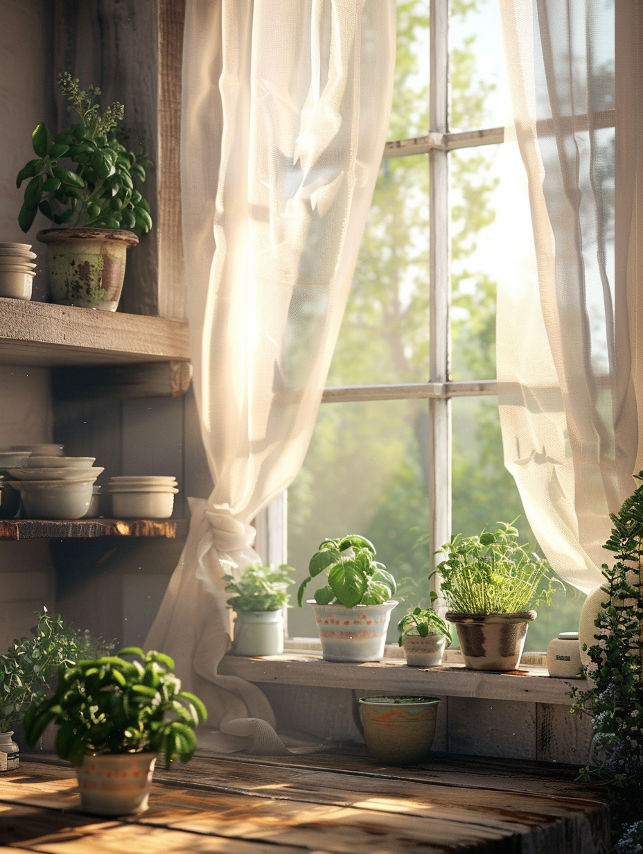 Create a highly detailed, photorealistic image capturing the essence of Homestead Renewal, inspired by Spring Decorating Ideas for the Home. The main subject is a rustic, yet elegantly renewed farmhouse kitchen, bathed in the soft, golden glow of morning light streaming through sheer, linen curtains. This vibrant, natural illumination should highlight the fresh greenery of potted herbs on a reclaimed wood windowsill and the vintage, pastel-colored ceramics carefully arranged on open shelves. The atmosphere should be warm and inviting, incorporating the natural textures of wood, stone, and linen, accented with subtle floral patterns to echo the season's renewal. The camera settings aim to achieve sharp focus and high detail, using a Canon EOS R5 with a 50mm f/1.2L lens, capturing the scene at an aperture of f/2.8 to create a shallow depth of field that softly blurs the background while emphasizing the main subjects in the foreground. Reference the luminous, real-life quality of an Annie Leibovitz portrait, with the composition balanced to draw the viewer’s eye through the scene, mimicking the dynamic range and color fidelity of Kodak Portra film. The overall mood should be serene and uplifting, conveying a sense of renewal and fresh beginnings.