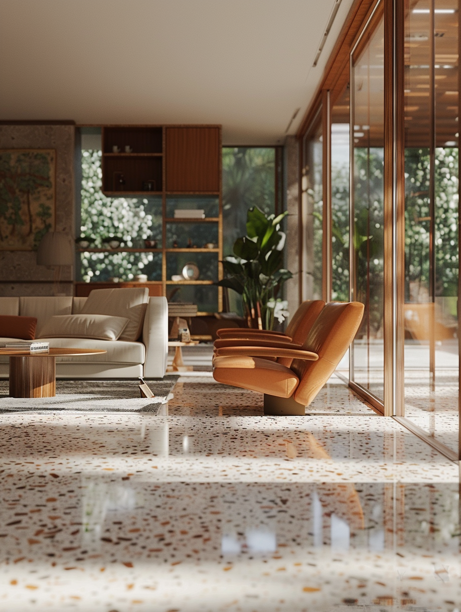 Capture a photorealistic image of a spacious living room showcasing a Retro Revival theme with a focus on Terrazzo flooring. The main subject should be the dynamic textures and colors of the Terrazzo against mid-century modern furniture, under the soft, diffused natural light pouring in from large, floor-to-ceiling windows. Implement global illumination techniques to highlight the intricate details of the Terrazzo speckles and the warm wooden textures of the furniture, creating a harmonious blend of retro and contemporary elegance. The image composition should be shot using a Canon EOS R5 with a Canon RF 50mm F1.2L lens, ensuring high detail, sharp focus, and a slight film grain to evoke a sense of the 2020s high-quality visual content. Pay attention to the balance between light and shadow, emphasizing the cozy atmosphere of the room. The mood is serene, inviting viewers to feel the texture and depth of the scene, almost as if they could step right into it.