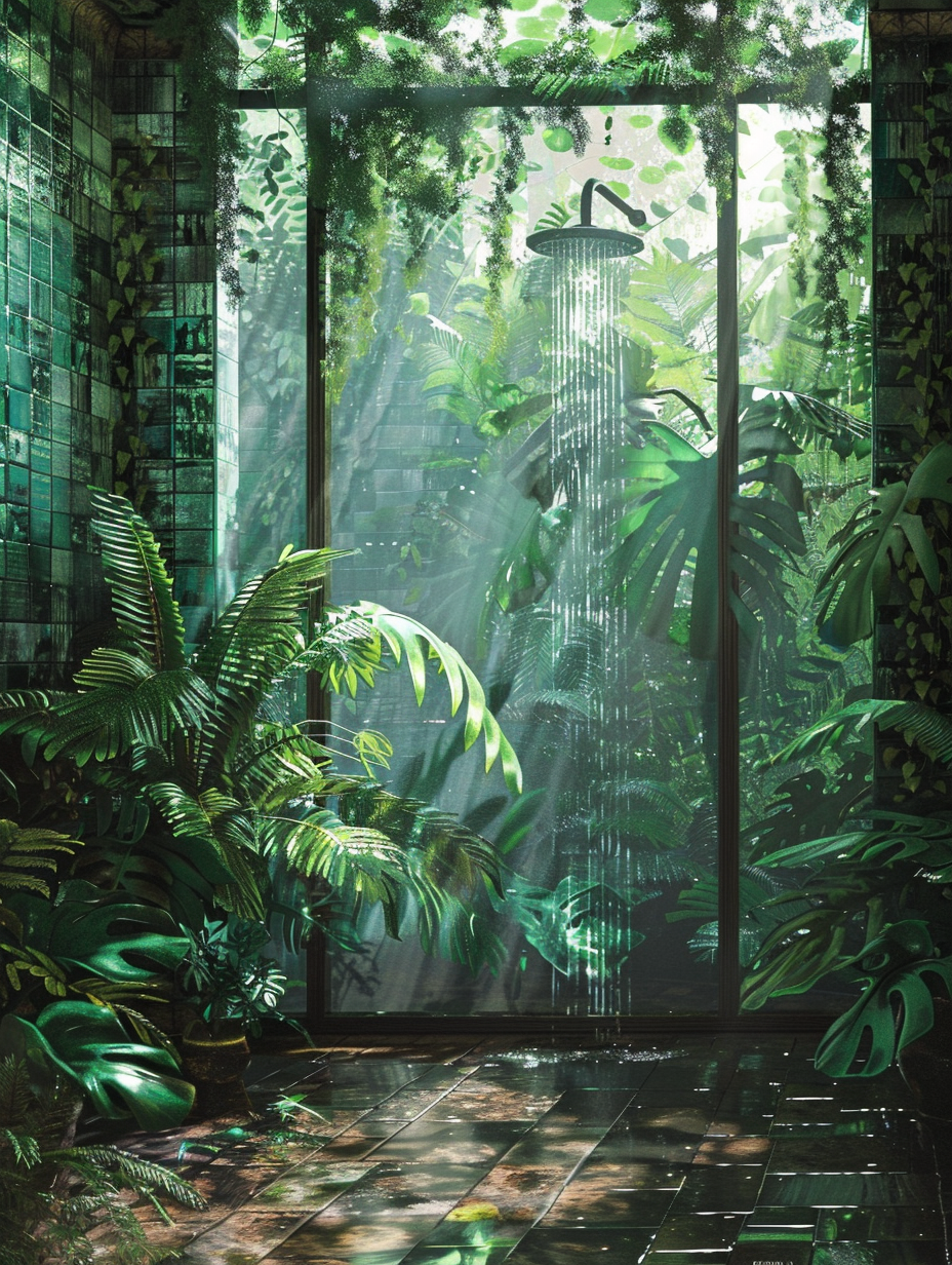 Craft a photorealistic image of a Plants - Shower Room design, inspired by a lush jungle. The room is bathed in natural light filtering through a large, frosted glass window, casting dappled shadows over a variety of rich green, potted ferns, and trailing ivy. A large, open shower area is at the heart, with walls covered in mossy green tiles and a rain shower head, suggesting the feeling of bathing under a waterfall. The floor is laid with dark, slip-resistant stone tiles that have a wet look, enhancing the jungle ambiance. The composition is captured using a Canon EOS-1D X Mark III, with a 24mm f/1.4L II USM lens, set to a shallow depth of field to keep the focus sharp on the foreground plants and the texture of water droplets on the leaves and tiles, allowing the background to softly blur. The image emulates the style of high-quality 2020s visual content, with a focus on high detail, natural lighting that showcases the vibrant greenery against the earthy tones of the room, and a balanced composition that draws the viewer’s eye through the space.