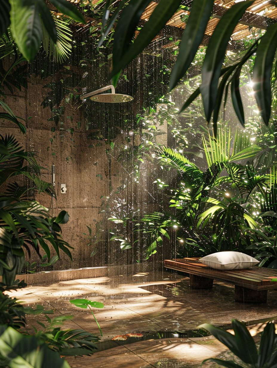 Create an exquisitely detailed image, capturing a serene, jungle-inspired shower room. The main focus is the luxurious, open-air shower area, tightly framed to emphasize lush, vibrant greenery intertwining with sleek, modern fixtures. Utilize a full-frame DSLR camera, with a 50mm f/1.8 lens for sharp focus and a shallow depth of field, accentuating the texture of water droplets on the foliage and the sleek, wet surfaces. Employ natural lighting to mimic the soft, diffuse light of a sun-dappled jungle canopy, complemented by strategically placed warm artificial lighting to highlight the room's features. The composition draws inspiration from the high-detail, immersive visual style characteristic of renowned photographers like Steve McCurry, with a keen emphasis on balance and the intricate interplay of light and shadow. The scene should convey a mood of tranquil, exotic escape, with careful attention to the realistic rendering of materials, such as the rich, earthy tones of the stone flooring and the glossy, live-edge wood bench.