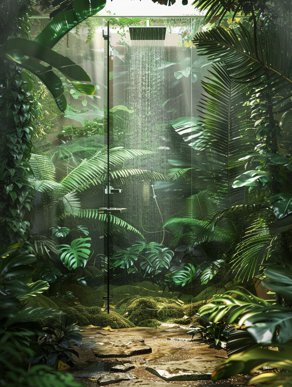 Craft a photorealistic image of a luxurious Plants - Shower Room adorned with lush, jungle-inspired foliage, capturing the essence of a verdant paradise. The main focus is on a sleek, glass-enclosed shower, surrounded by an array of tropical plants, with a large, leafy fern serving as a centerpiece. Use a Canon EOS-1D X Mark III camera with a 50mm f/1.2L USM lens for sharp focus and high detail, employing natural light filtering through a frosted window to create soft, global illumination. This setup mimics the nuanced lighting found in Peter McKinnon's photography, accentuating the vibrant greens and the rich textures of the wet leaves and moss-covered stones that line the floor. Compositionally, balance the image with the shower positioned slightly off-center, allowing the eye to wander through the verdant environment. The mood is serene, evoking the sensation of a secluded rainforest retreat. Aim for a realistic portrayal with subtle film grain and a depth of field that highlights the contrast between the modernity of the shower fixtures and the natural, untamed beauty of the jungle.