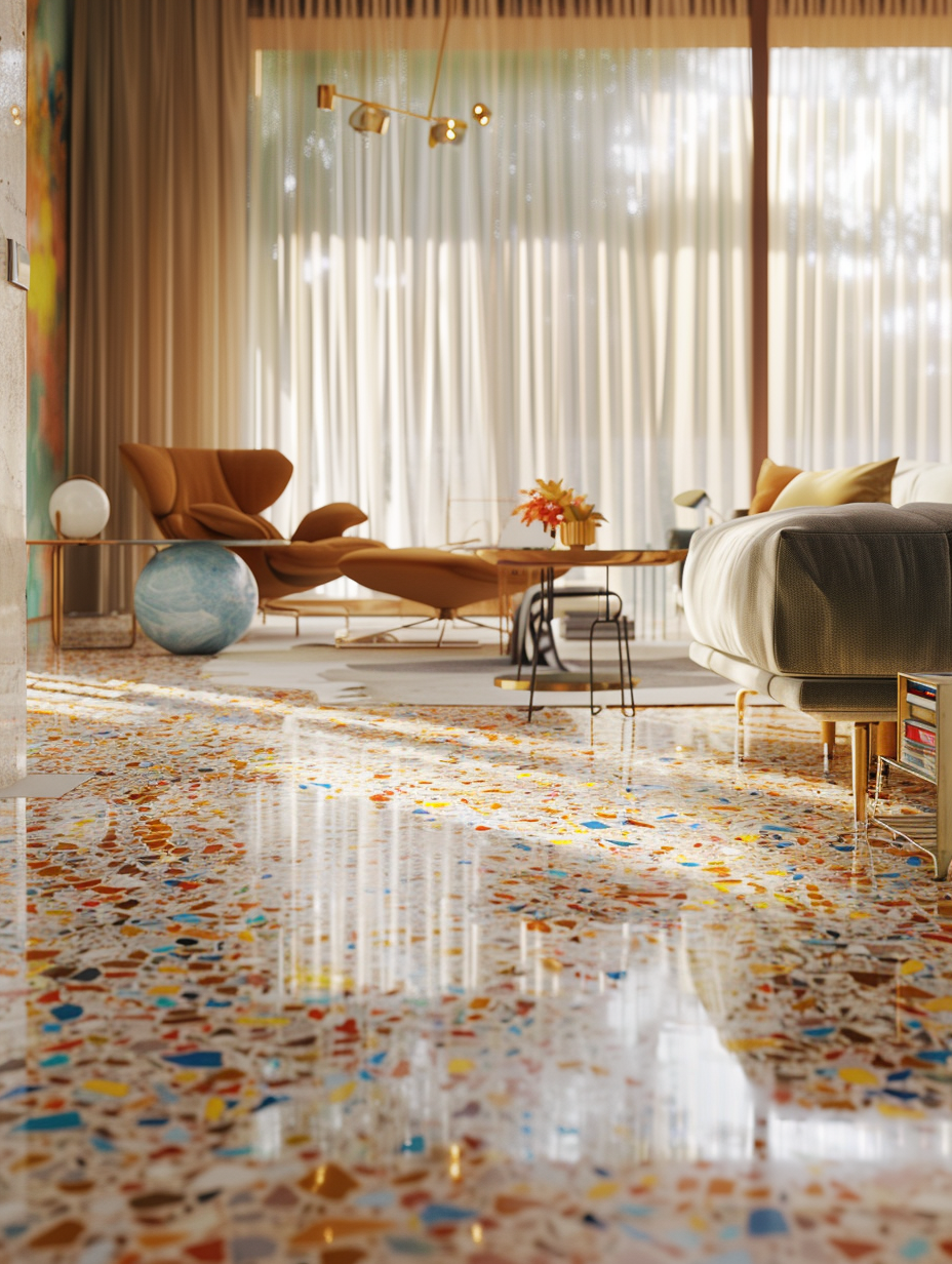 Capture a photorealistic image of a vibrant, retro revival-themed interior, highlighting the intricate terrazzo flooring as the main subject. Set in a spacious living room, the multicolored terrazzo should gleam under the soft, diffused light of a mid-morning sun filtering through sheer curtains. Employ advanced lighting techniques to mimic natural light's warmth and subtlety, spotlighting the flooring's rich texture and the colorful, geometric patterns on the vintage furniture that surround it. To achieve the desired sharp focus and high detail, mimic the style of a Canon EOS R5 camera equipped with a 24-70mm f/2.8 lens, ensuring the entire room is captured with crystal clarity. Reference the aesthetic of 2020s high-quality visual content, balancing the composition with an eye towards the engaging interplay of light, shadow, and the reflective surfaces of modern metallic accents against the terrazzo’s matte finish. The overall mood should evoke a sense of nostalgic sophistication, using a minimal yet effective use of film grain to add texture and depth to the scene without detracting from the crisp modernity of the materials and decor elements.