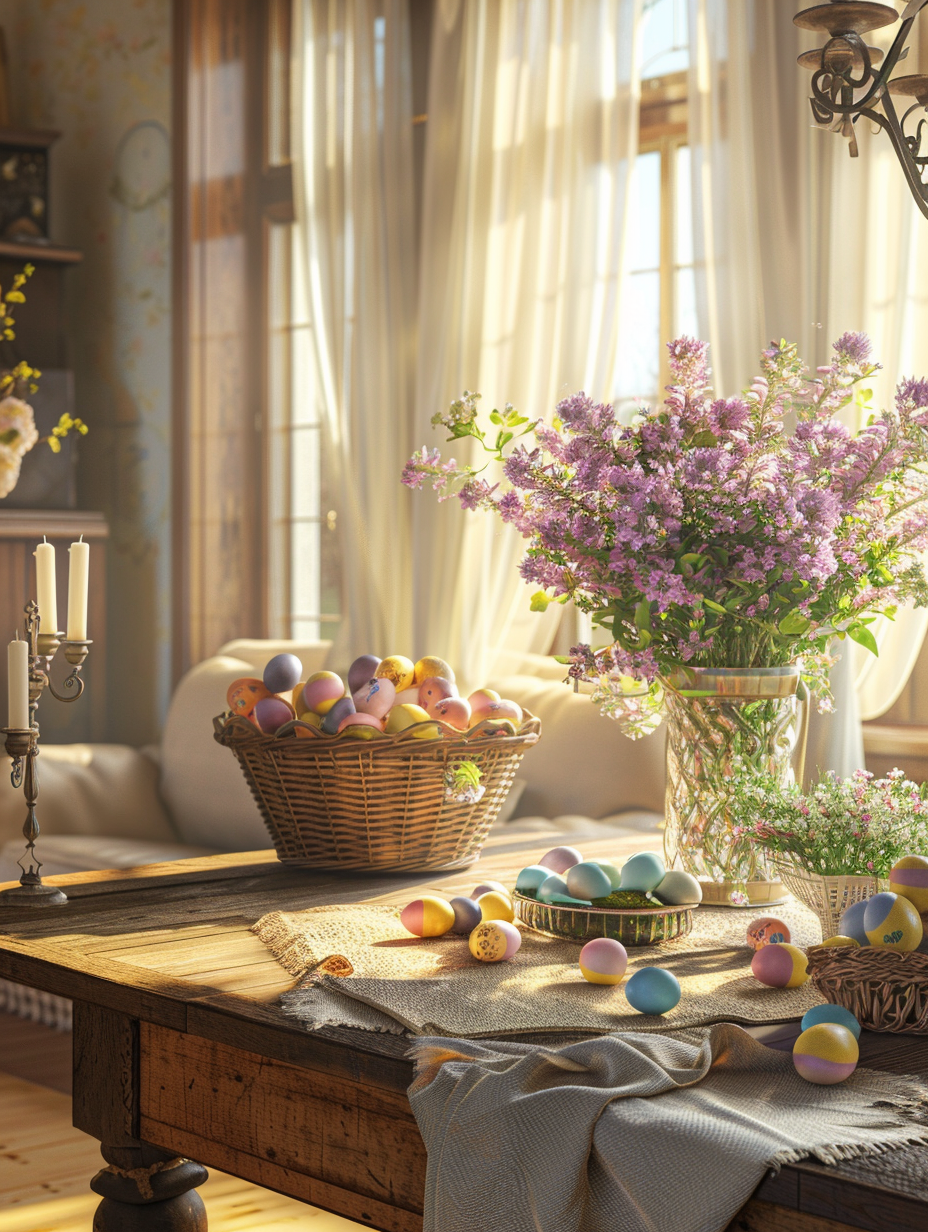 Create a photorealistic image capturing a cozy living room, finely decorated for Easter. The main focus is on a grand, rustic wooden table adorned with an intricate Easter centerpiece featuring pastel-colored eggs, delicate spring flowers, and elegant candle holders casting soft shadows. The room is suffused with the warm, golden glow of the late afternoon sun peering through sheer curtains, creating a soft diffusion of natural light that highlights the textures of the room - the softness of the plush, ivory-colored sofa, the roughness of the woven Easter baskets, and the sleekness of the polished wood. The atmosphere is enhanced by a background of subtle, ambient sounds typical of a quiet, serene household on a lazy Easter afternoon. Utilize a DSLR camera setup with a 50mm prime lens, aperture f/1.8, to achieve a shallow depth of field, placing the Easter table setup in sharp focus while gently blurring the background, adding a sense of intimacy and immediacy. Incorporate the technique of global illumination to reflect real-world lighting nuances, ensuring every detail from the texture of the hand-painted Easter eggs to the gentle swaying of the sheer curtains is captured with high fidelity. Emphasize the rich, vibrant colors and the dynamic range reminiscent of high-quality 2020s interior design magazines. The composition should be balanced and harmonious, with each element purposefully adding to the Easter theme while ensuring the scene remains clutter-free and elegant.