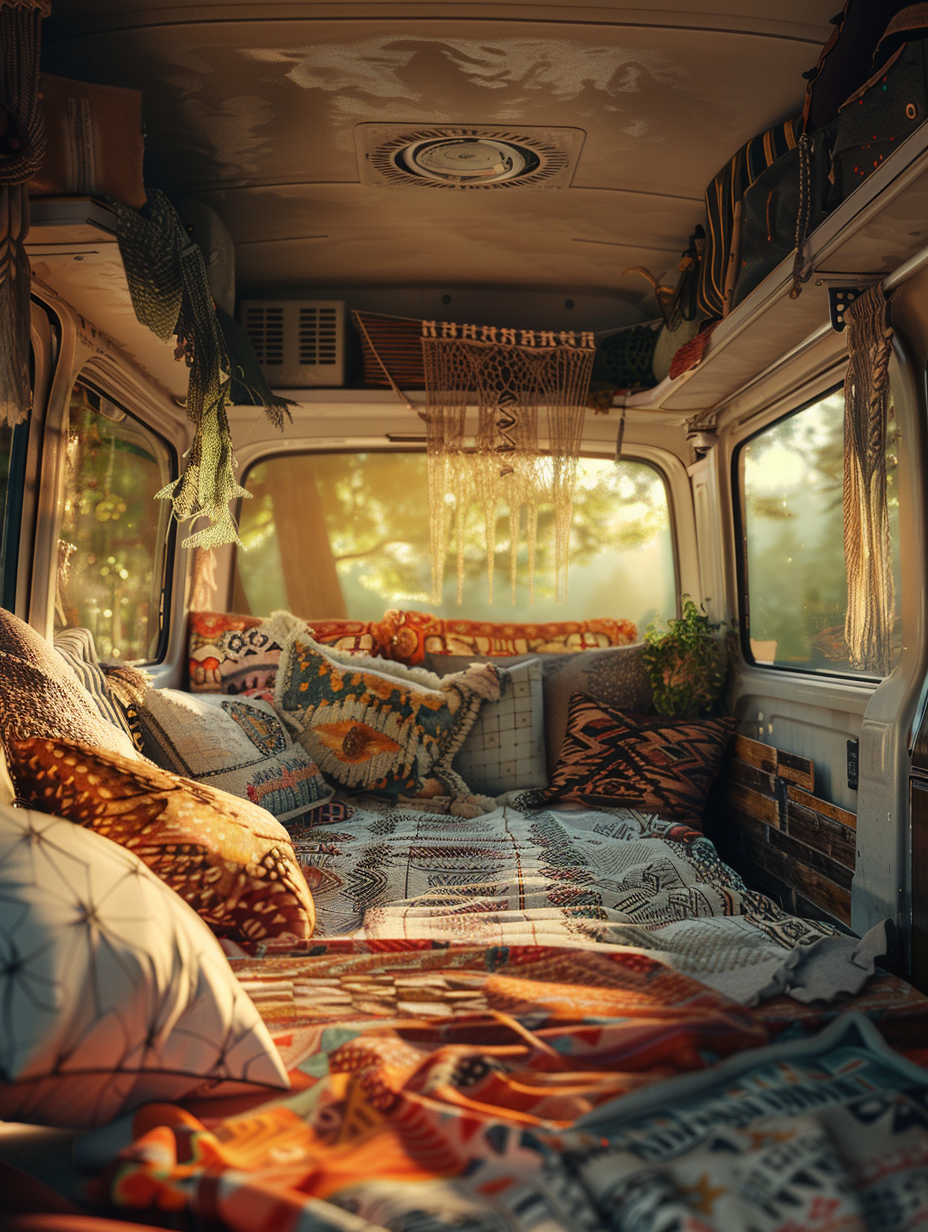 Create a photorealistic image of a bohemian-inspired camper van interior, bathed in the golden hour light to evoke a warm, inviting atmosphere. The image is captured through a Canon EOS R5, using a 50mm f/1.2 lens at ISO 100, to ensure sharp focus and high detail, emulating the style of a Cody Cobb landscape shot. The composition balances the intricate textures of macramé hangings, plush, colorful cushions, and weathered wood surfaces, all illuminated by the soft, diffused sunlight streaming through the van's rear windows. Advanced lighting techniques, like global illumination, highlight the intricate patterns and textures, creating realistic shadows and depth. The scene is grounded in its setting with a visible backdrop of a serene, forested area through the slightly ajar van door, adding context and depth to the boho lifestyle.