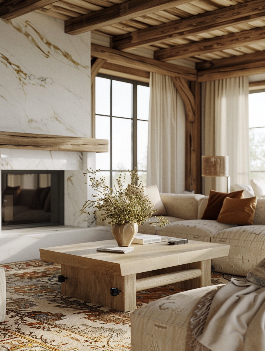 Create a photorealistic image of a modern farmhouse interior bathed in the soft, diffused light of a late afternoon, emulating the high-quality 2020s visual content in the style of renowned photographer, Joe Fletcher. The main subject, a spacious living room, showcases a harmonious blend of rustic charm and contemporary elegance, featuring exposed wooden beams, a sleek, white marble fireplace, and a large, plush, neutral-toned sofa adorned with textured throw pillows. Natural light floods in through large, floor-to-ceiling windows, casting gentle shadows and highlighting the intricate patterns of the vintage Oriental rug underfoot. The scene is captured using a Canon EOS R5 camera paired with a RF 28-70mm F2 L USM lens, set to ISO 100, f/2.8, to achieve sharp focus, high detail, and a balanced composition. The image is subtly treated with film grain to add texture and depth, creating a snapshot that feels vividly alive and grounded in its setting.