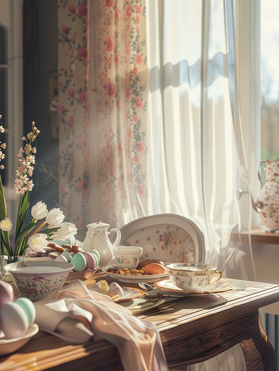 Capture a photorealistic image of an Easter-themed interior, emphasizing the morning light filtering through sheer curtains, casting a soft glow on a rustic wooden dining table set for Easter brunch. The table is adorned with pastel-colored linens, fine china with delicate floral patterns, and a centerpiece featuring an arrangement of spring flowers and decorated eggs. The scene should employ advanced lighting techniques to highlight the texture of the materials and the vibrant colors of the decorations, creating a warm, inviting atmosphere. Utilize a high-detail DSLR camera setup, with a 50mm prime lens at f/1.8 to achieve sharp focus on the table setting while gently blurring the background, enhancing the composition’s depth. Emulate the style of high-quality 2020s visual content, balancing the composition with natural light and shadows to add dimension and realism. Incorporate a subtle film grain texture to give the image a tactile quality, making it feel like a snapshot from real life.