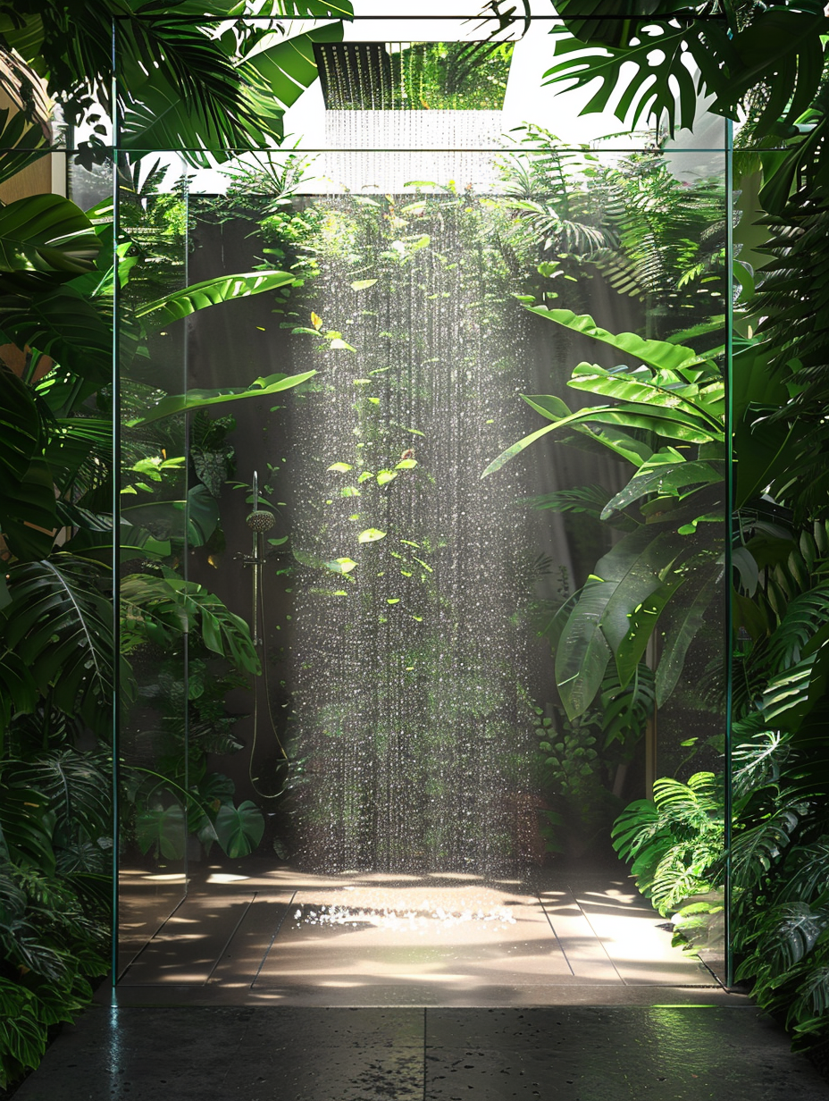 Craft a photorealistic image capturing a Plants - Shower Room designed with Jungle Inspiration. Envision a space where lush, green foliage intertwines with sleek, wet surfaces, mimicking a natural rainforest habitat. Utilize global illumination to cast a soft, diffused light through a frosted glass ceiling, evoking early morning sunlight filtering through a dense canopy. The main focus is on a central, open rain shower, encased in transparent glass, with water droplets glistening under the natural light, creating a vibrant contrast against the matte, dark stone floor. Surround this setup with an assortment of tropical plants, their leaves beaded with moisture, adding layers of depth and texture. Ensure the scene employs a Canon EOS-1D X Mark III, equipped with a 24mm f/1.4L lens, allowing for a wide-angle view that captures the intricate details of the plant life and the rich textures of the materials. The composition should strike a balance between the organic forms of the plants and the geometric simplicity of the shower area, aiming for a 2020s high-definition aesthetic reminiscent of the work by architectural photographer Julius Shulman. Emphasize high detail, sharp focus, and a slight film grain to enhance the texture and depth, presenting a vivid, tactile snapshot that feels both serene and alive.