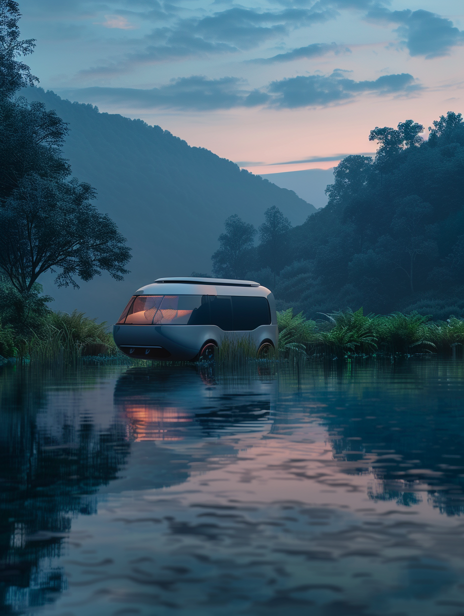 Capture a photorealistic image of a cutting-edge, futuristic camper van, poised on a serene lakeshore at twilight, reflecting the last glimmers of sun on its sleek, metallic surface. This van melds seamlessly into the natural environment, thanks to its eco-friendly design featuring solar panels and integrated plant life. The camera, a Canon EOS R5 equipped with a 24-70mm f/2.8L lens at a 50mm focal length, captures this scene in exquisite detail, utilizing an aperture of f/8 to ensure sharp focus throughout. Lighting is natural, enhanced by subtle post-processing to mimic the golden hour's soft, diffused light. Emulate the depth and texture common in the works of Annie Leibovitz, focusing on the van’s innovative design and materials. Balance is achieved through the placement of the van slightly off-center, allowing the viewer’s eye to wander from the van to the surrounding tranquil landscape, enriched with detailed textures of the grass and smooth lake surface, contrasting with the van’s modernity.