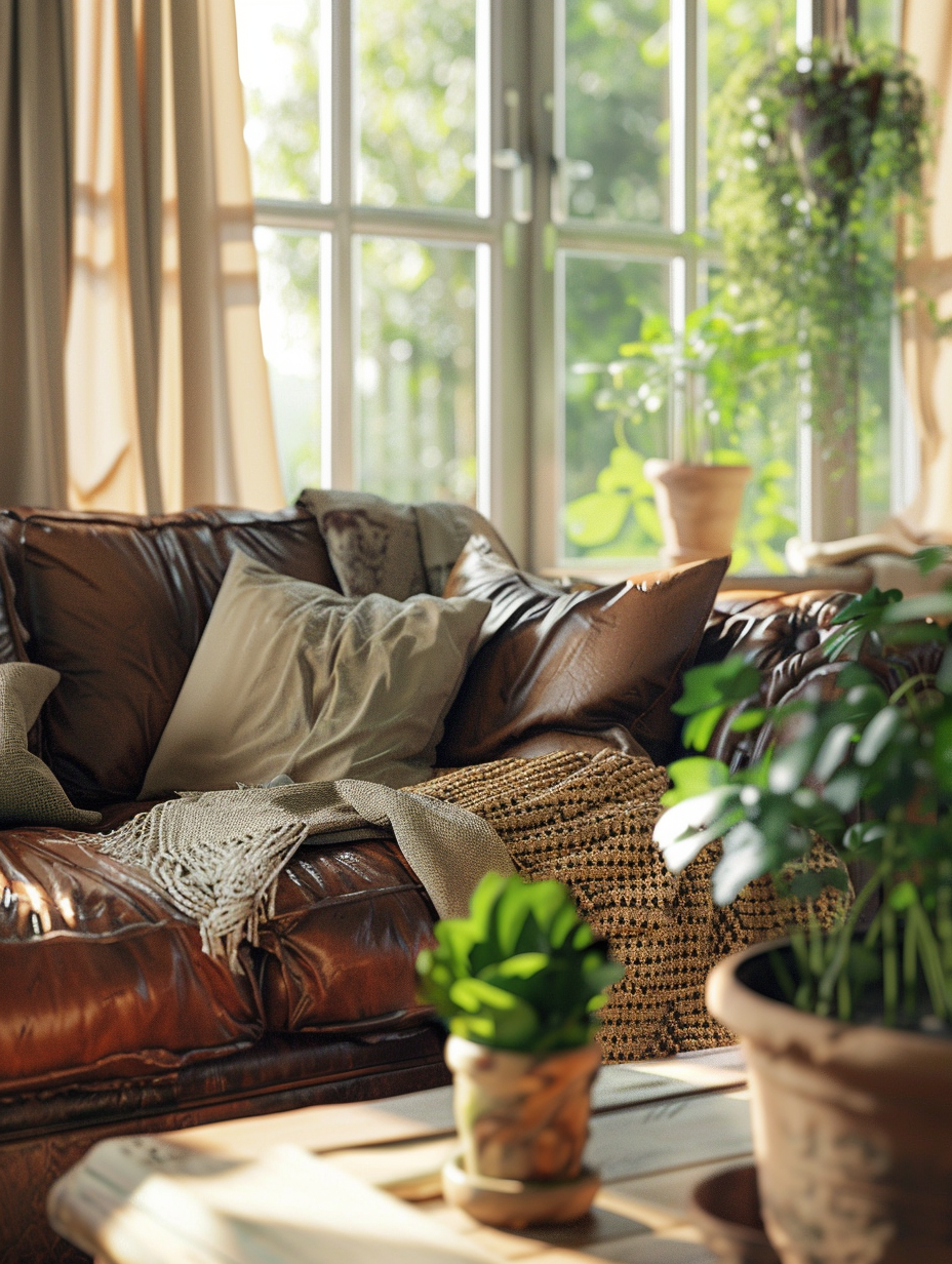 Craft a photorealistic image capturing the essence of a rustic farmhouse living room, brimming with homely touches. Center the scene around a well-worn, oversized leather couch, bathed in the warm, diffused light of a late afternoon, filtering through sheer linen curtains. Crisp details such as the soft texture of a handwoven throw blanket, the patina on a vintage coffee table, and the earthy tones of terracotta pots hosting lush greenery, embody the space's warmth. Employ advanced lighting techniques like global illumination to mimic the natural light's embrace, enhancing the materials' textures and creating soft shadows that accentuate the room's cozy atmosphere. Utilize a full-frame DSLR camera setup, with a 35mm lens set at f/2.8 for a shallow depth of field, focusing sharply on the couch as the main subject while gently blurring the background to draw viewers into this serene space. Emulate the high-detail, sharp focus style of 2020s renowned photographers, adding a hint of film grain for depth, ensuring the image exudes the timeless charm and lived-in feel of rustic farmhouse decor.