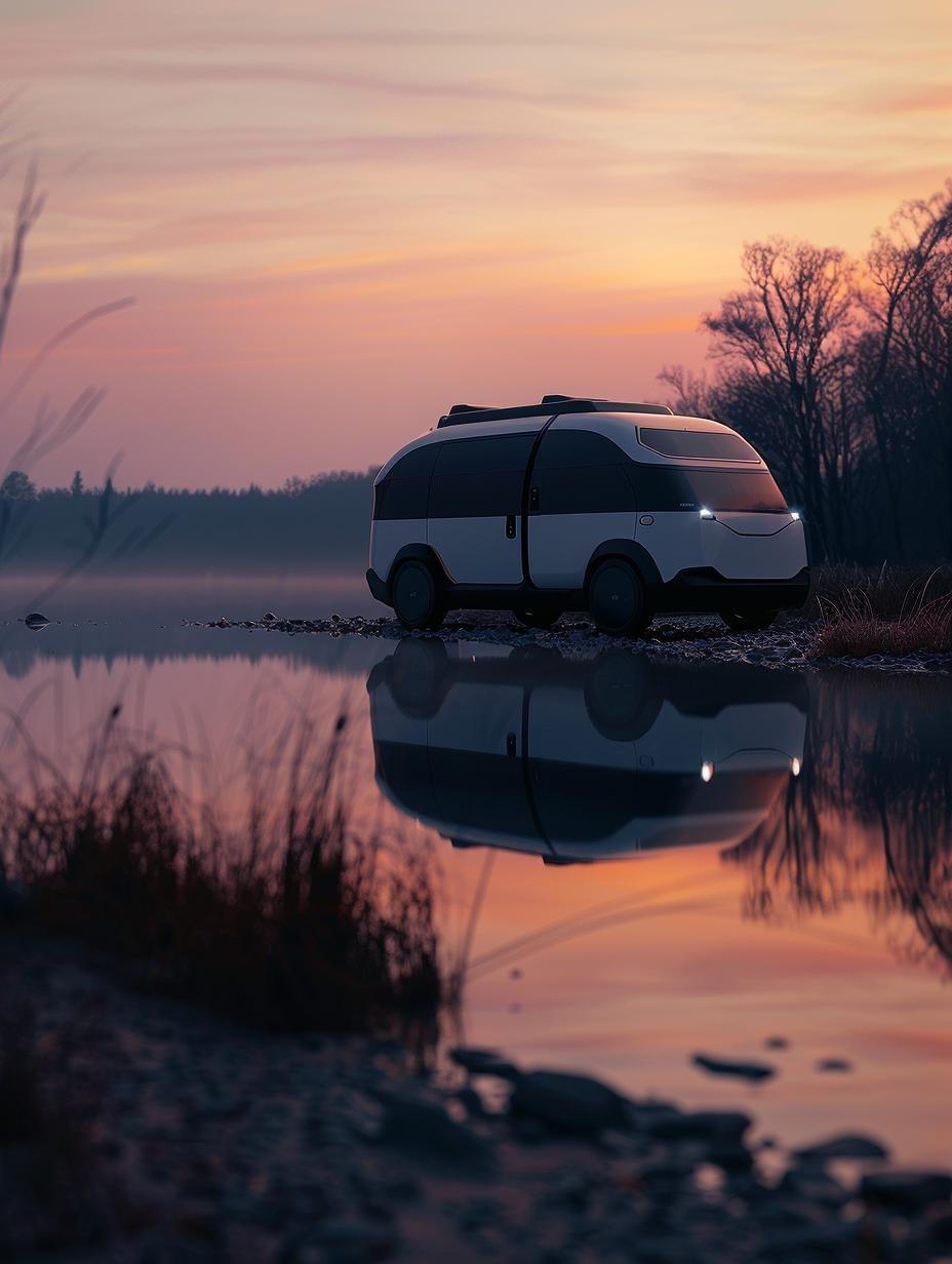 Generate a photorealistic image of a cutting-edge, futuristic camper van parked on a serene lakeside at dusk. The van, a sleek, aerodynamic design with matte black solar panels and chromatic detailing, reflects the soft glow of the twilight sky. Use a Canon EOS R5 camera with an RF 24-70mm F2.8 lens, set to f/8 for sharp focus that captures the intricate textures of the van's exterior and the surrounding environment's natural beauty. Incorporate global illumination to highlight the van’s glossy surfaces and the subtle ripples on the lake, creating a harmonious blend of technology and nature. The composition should be balanced, with the van off-center, allowing the viewer's eye to wander from the van to the tranquil lake and the pastel sky. Aim for the high-detail, rich color saturation, and dynamic range found in Peter McKinnon's 2020s photography, ensuring that every element, from the LED headlights piercing the evening to the fine gravel under the tires, is rendered with lifelike detail and texture.