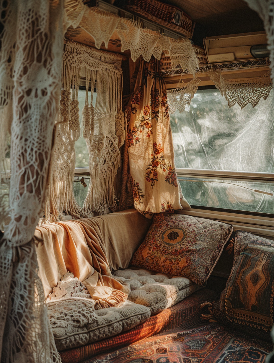 Capture a Boho camper van interior, highlighting its cozy, eclectic aesthetic. The scene is bathed in golden-hour sunlight filtering through lace curtains, casting dynamic shadows and illuminating the rich textures of macramé wall hangings, plush velvet cushions, and a Persian-style rug. The composition emulates the depth and detail characteristic of a Peter Lindbergh portrait, with a focus on natural, flattering light and the lived-in warmth of the space. Utilize a Canon EOS-1D X Mark III, equipped with a 24-70mm f/2.8 lens, set to capture at f/8 for a sharp focus across the entire interior. The image should convey a sense of invitation and wanderlust, balanced by the intimate atmosphere of the van. Emphasize high detail, the interplay of light and shadow, and the texture of the materials to create a photo that feels like a still from a high-budget, early 2020s indie film.