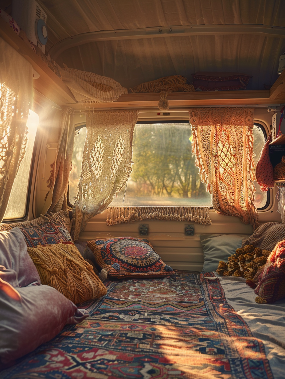 Capture a photorealistic image of a Boho Camper Van Interior, illuminated by the golden hour sunlight streaming through open rear doors, highlighting the intricate textures of macramé wall hangings, plush velvet cushions, and a richly patterned Persian rug. Utilize a Canon EOS R5 with a 24-70mm f/2.8 lens to achieve sharp focus and high detail, ensuring a depth of field that brings the foreground into crisp clarity while softly blurring the distant outdoor landscape. The composition balances the warmth of the sun against the cool shadows inside the van, creating a cozy, inviting atmosphere. Emphasize natural light's interplay with the interior's eclectic decor, capturing the scene with the realism and vibrancy characteristic of high-quality 2020s lifestyle photography, reminiscent of the works of Annie Leibovitz.