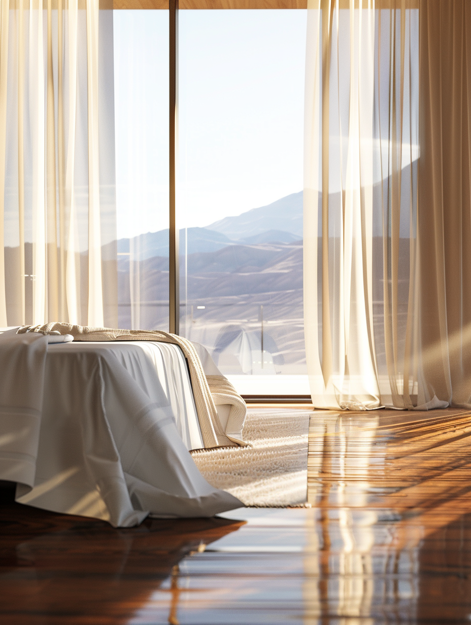 Create a photorealistic image capturing the essence of a Natural Lights - Luxury Hotel Room Design, inspired by the soothing ambiance of a waterfall. The scene is bathed in the soft, diffused light of early morning, filtering through floor-to-ceiling windows draped in sheer, gauzy curtains. This global illumination highlights the room's elegant simplicity and the rich textures of natural wood and stone that echo the serene beauty of a waterfall. The main focus is a sleek, modern bed facing the panoramic view, with crisp, white linens that contrast with the warm, earthy tones of the interior. A subtle reflective sheen on the polished wooden floor mimics the water's surface, enhancing the room's organic connection to nature. The camera, a full-frame DSLR equipped with a 24-70mm f/2.8 lens, captures this scene from a low, inviting angle, ensuring sharp focus on the textures and materials that define the space while employing a shallow depth of field to softly blur the distant mountains visible through the window. This image, evoking the style of renowned 2020s photographers like Annie Leibovitz or the atmospheric depth of an iconic film scene, balances composition with the play of light and shadow, creating a sense of peaceful, luxurious seclusion.