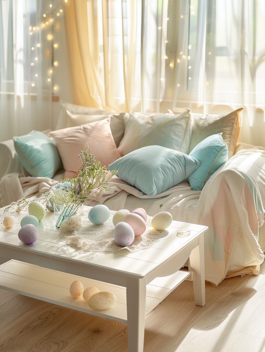 Capture a photorealistic image of an Easter-themed living room at the golden hour, harnessing natural light flooding through sheer curtains creating a soft, diffuse illumination accentuating the pastel color palette. Center the composition on a beautifully set coffee table adorned with a delicate Easter egg centerpiece, surrounded by plush, velvety pastel throw pillows scattered on a contemporary, ivory white sofa. Incorporate high detail, sharp focus, and a slight film grain texture to emulate the style of renowned 2020s interior design photographers, utilizing a full-frame DSLR camera equipped with a 50mm f/1.4 lens for a natural field of view and pleasing background bokeh. Balance the composition by including a subtle, ambient reflection of string lights in the polished wooden floor, enhancing the cozy, festive atmosphere.