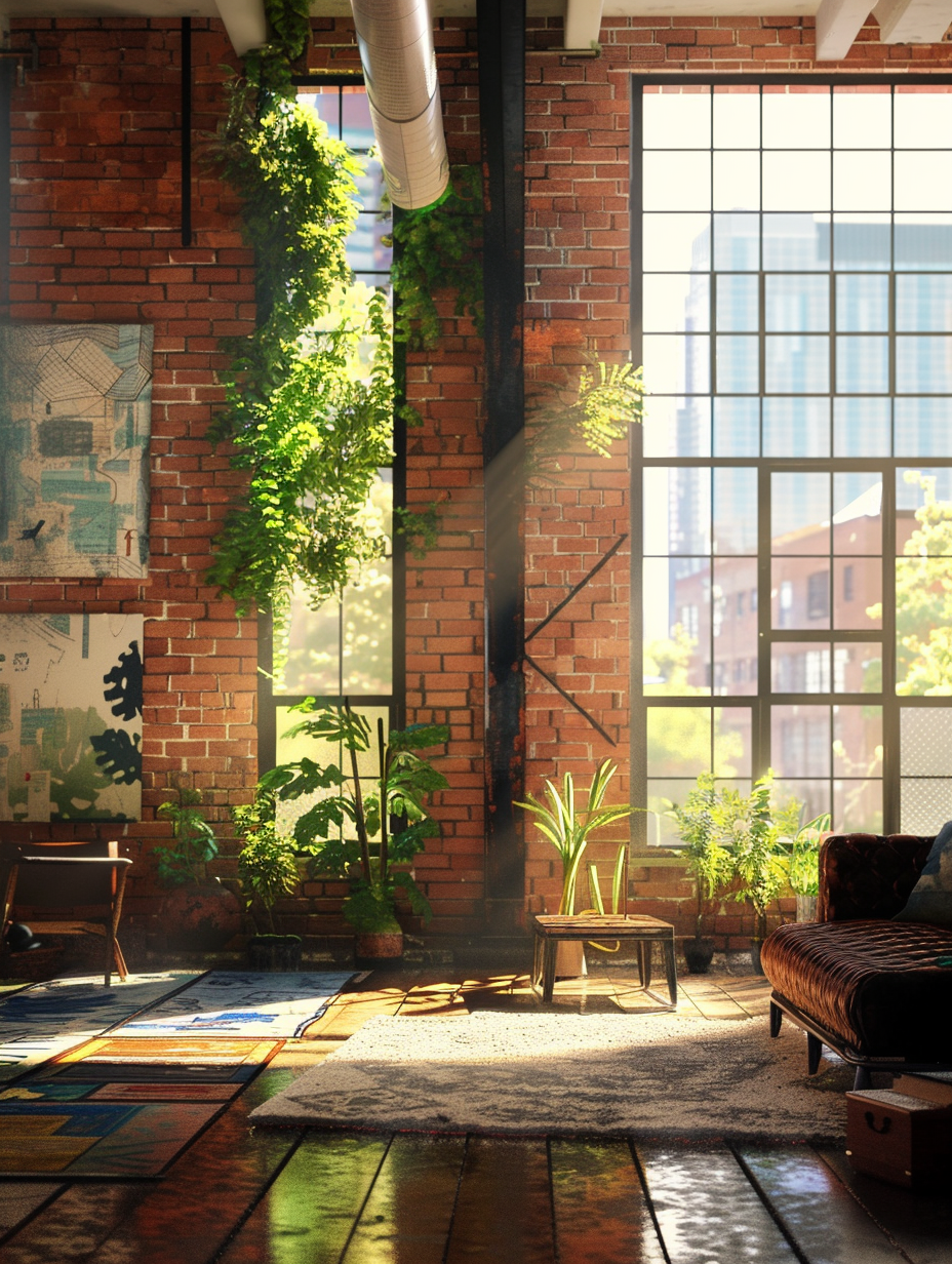 Capture a photorealistic image of a Metropolitan Chic Urban Loft Interior that radiates modern sophistication. The main scene unfolds in a spacious living area, bathed in the soft, diffused light of a late afternoon, filtering through large, floor-to-ceiling windows draped in sheer curtains. This natural illumination technique, paired with subtle global illumination, highlights the rich textures of a velvet sofa, a polished concrete floor, and a rugged brick wall, showcasing an exquisite balance of materials. The loft is appointed with sleek, contemporary furniture, accented by vibrant green plants and abstract art pieces, enhancing the loft's character. To ensure the scene's depth and realism, use a DSLR camera setting with a 50mm lens at f/1.8 for a sharp focus on the living area, while gently blurring the background to mimic a shallow depth of field. This setup, reminiscent of the refined visuals in a high-quality 2020s design magazine, should aim for high detail, incorporating a slight film grain to add texture, ensuring the image embodies the essence of a Metropolitan Chic lifestyle.