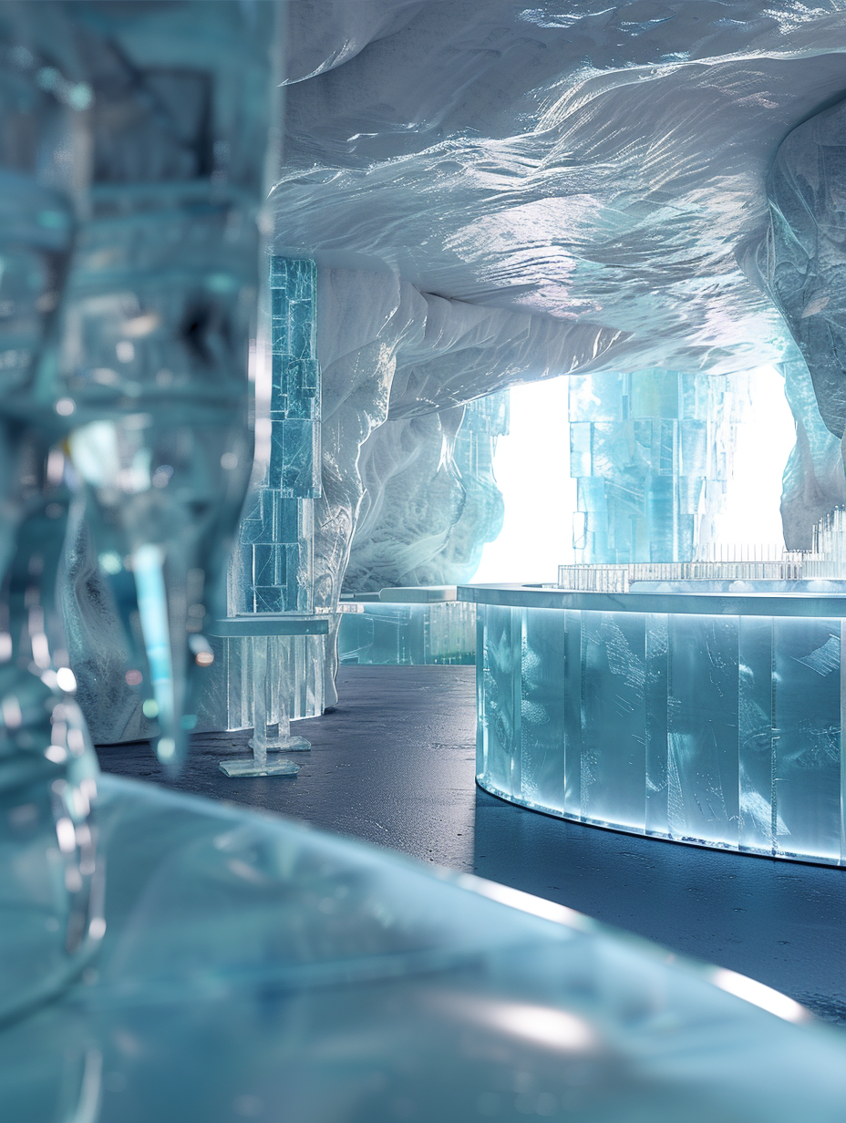 Capture a photorealistic image of the interior design of an ice bar inspired by the North Pole. Ensure clarity by employing a Canon EOS R5 camera paired with a Canon RF 28-70mm F2 L USM lens, set to a focal length of 50mm for balanced composition. Utilize natural light filtering through ice-block windows to highlight the translucent, shimmering textures of the ice sculptures and furniture, complemented by soft, blue-toned LED underlighting to enhance the cold, ethereal atmosphere. Implement high detail and sharp focus to showcase the intricate patterns carved into the ice walls and the glossy finish of the ice bar counter. The mood should mirror the serene yet invigorating essence of the Arctic, with a depth of field that pulls the viewer into this frosty sanctuary. Mimic the visual style of high-quality 2020s content, incorporating subtle film grain for texture.