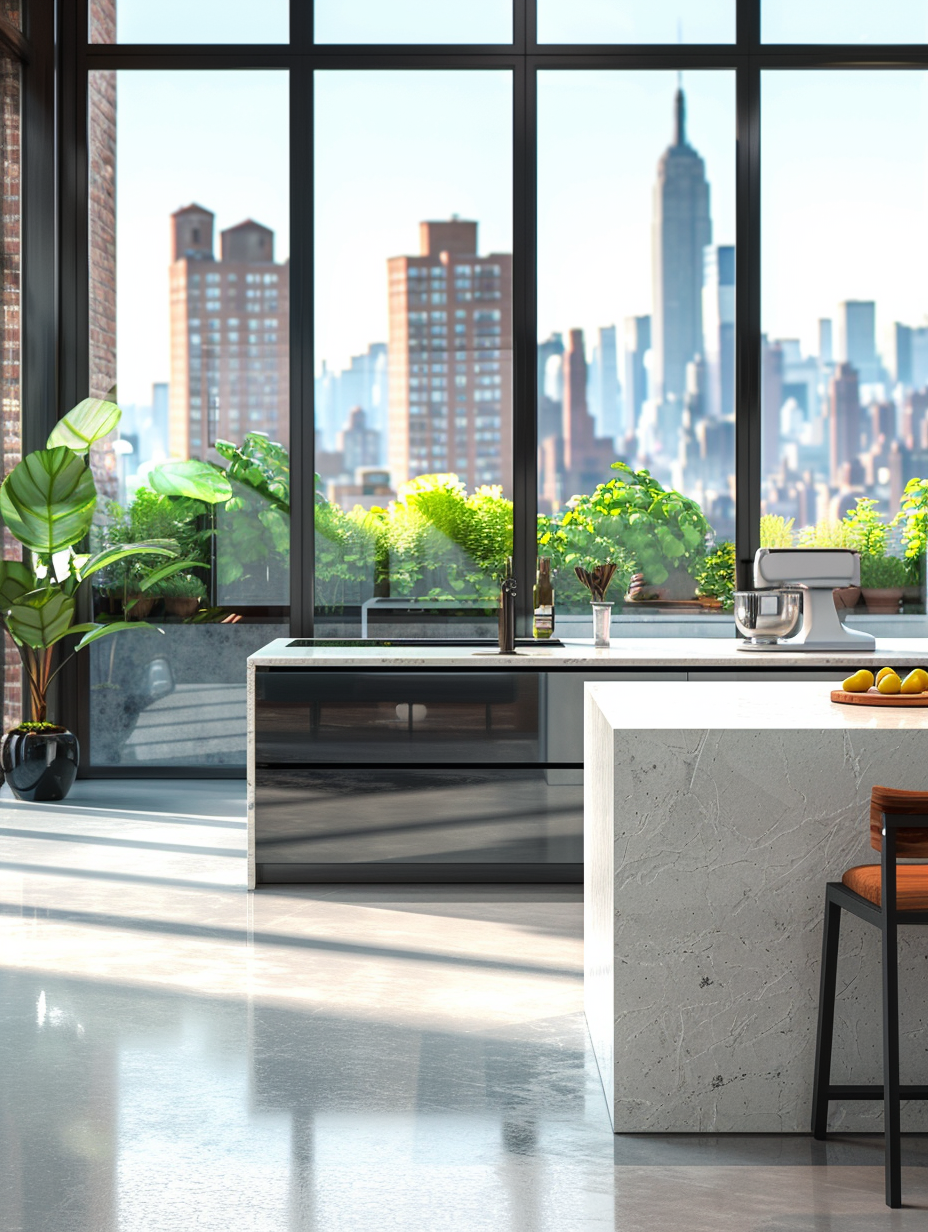 Generate a photorealistic image of a Metropolitan Chic - Urban Loft Interior, capturing the essence of modern urban living. In the foreground, a sleek, minimalist living space, bathed in natural light from floor-to-ceiling windows, showcases a monochrome color palette with pops of green from strategically placed indoor plants. Mid-ground, an open kitchen with stainless steel appliances and a marble island commands attention. In the background, a glimpse of the city skyline through the windows adds depth. The room is impeccably lit, combining global illumination and natural light to highlight textures such as the soft, inviting fabric of a designer sofa and the rough, industrial finish of exposed brick walls. The composition mirrors the style of a Peter Krasilnikoff-designed home, achieving balance and high detail reminiscent of high-quality 2020s interior photography. Opt for camera settings emulating a Canon EOS 5D Mark IV with a 24-70mm f/2.8 lens, ensuring sharp focus and a touch of film grain to add realism. Prioritize rendering techniques that capture the intricate interplay of light and shadow, mirroring the dynamic range and mood of an early morning in spring, enhancing the material textures and the overall ambience of the scene.