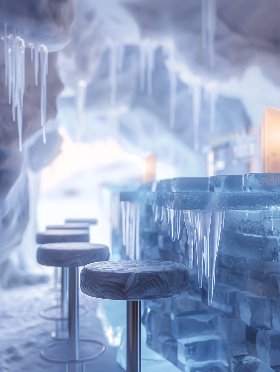 Capture the essence of a North Pole-inspired ice bar interior with meticulous attention to photorealistic details, evoking the crisp, serene atmosphere akin to iconic 2020s high-definition visual content. The shot, taken with a Canon EOS-1D X Mark III, utilizing a 24mm f/1.4L lens, emphasizes natural light filtering through intricately carved ice walls, casting a soft, diffuse glow that illuminates the slick, transparent ice bar counter and the delicate frost patterns on the handcrafted ice stools. The image composition balances the cool, blue hues of the ice with the warm, inviting amber highlights from strategically placed, low-temperature LED lights, creating an inviting yet otherworldly ambiance. Advanced lighting techniques should mirror real-world global illumination, ensuring that shadows are soft and the texture of the ice—ranging from crystal-clear to cloudy white—is rendered in high detail. The scene's mood is further enhanced by a shallow depth of field, keeping the main bar area in sharp focus while subtly blurring the background, adding a sense of depth and intrigue. Aim for a natural film grain texture to give the image a tactile quality, making the viewer feel the cold and pristine environment of this extraordinary bar.