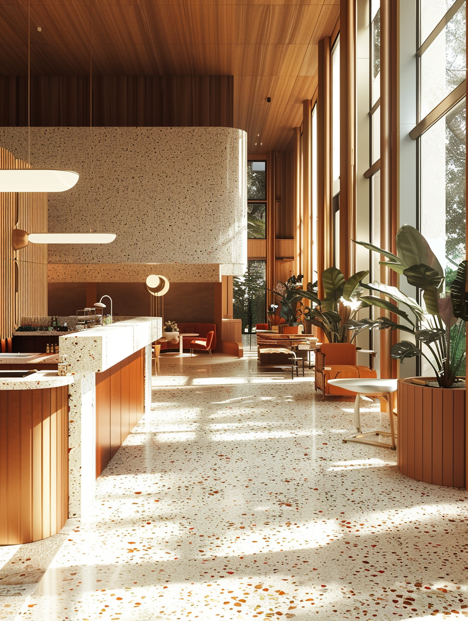 Generate a photorealistic image of an interior design space that breathes a Retro Revival theme, centered around the use of terrazzo in various elements like flooring, countertops, and decorative accents. The ambiance is illuminated with a mix of global illumination and strategically placed natural light streaming through large, floor-to-ceiling windows. The scene should be captured with a full-frame DSLR camera, using a 24mm f/1.4 lens to achieve a wide, yet intimate perspective. Emphasize high detail, sharp focus, and subtle film grain to enhance texture, especially on the terrazzo's speckled surface. The composition balances modern furniture lines with retro colors and patterns, creating a cohesive look that's both inviting and visually striking. Reference the lighting subtlety and depth found in 2020s high-end interior design magazines, ensuring the image encapsulates the warmth and vibrancy of a lived-in space, showcasing the intricate details of textures and the sophisticated play of light and shadow across the room, mirroring the quality and style of an iconic architectural digest shoot.