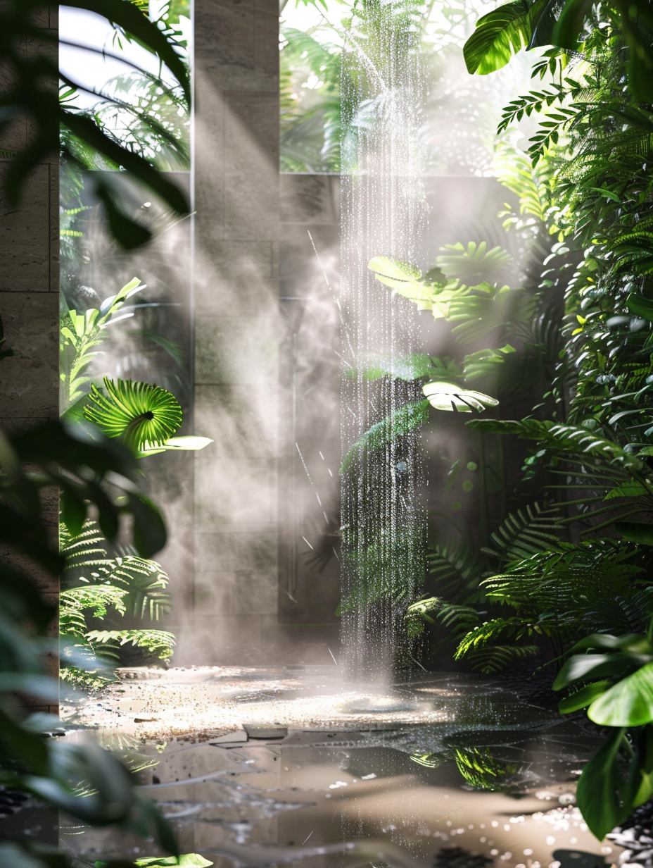 Capture a photorealistic image of a Plants - Shower Room Design, inspired by a lush jungle. Focus on the sun piercing through a high window, casting dappled light on the verdant ferns and towering bamboo that flank a sleek, stone-tiled waterfall shower. The camera, a Canon EOS R5 equipped with a 50mm f/1.2L USM lens, focuses sharply on the water droplets cascading down vibrant green leaves, capturing the texture in high detail with a shallow depth of field. The image exudes a tranquil morning ambiance, reminiscent of Annie Leibovitz's intimate yet expansive framing. Emphasize the contrast between the soft, natural light and the rich shadows, achieving a balanced composition through meticulous attention to the glossy sheen on wet stones and the subtle film grain texture for a touch of realism.