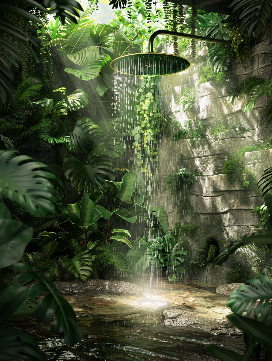 Capture a photorealistic image of a Plants - Shower Room Design inspired by a lush jungle, with the main subject being an open, walk-in shower area. The lighting should mimic the soft, dappled light of early morning sunlight filtering through a dense canopy, utilizing global illumination and natural light to highlight the vibrant greens and earthy browns of the foliage and wet stone textures. Employ a full-frame DSLR camera equipped with a 50mm f/1.8 lens, set to a shallow depth of field to achieve sharp focus on the rain shower head, which gleams with water droplets, against a softly blurred background of leafy, exotic plants and moss-covered walls. Aim for a composition that balances the organic shapes of the plants with the sleek, modern lines of the shower fixtures, evoking the tranquil and invigorating atmosphere of a jungle in the early morning. The image should be reminiscent of the high-detail, realistic style prominent in 2020s visual content, with subtle film grain and precise color grading to enhance texture and depth.