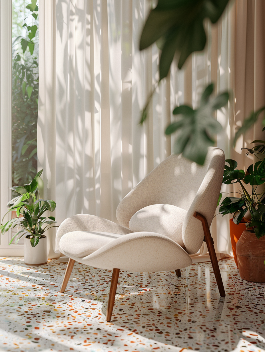 Capture a photorealistic image of an interior space that embodies a Retro Revival theme, highlighting the intricate use of Terrazzo in both flooring and accent pieces. The composition should feature a mid-century modern armchair, set against a backdrop of lush, indoor greenery, juxtaposing the Terrazzo's vibrant speckles. The scene is bathed in natural light filtering through sheer curtains, casting dynamic shadows and enriching the textures with a soft, warm glow reminiscent of golden hour, emulating the nuanced lighting techniques seen in the works of renowned photographer, Julius Shulman. Opt for a full-frame DSLR camera, equipped with a 50mm prime lens, set to f/1.8 to achieve a sharp focus on the main subject while softly blurring the background, lending depth and realism to the scene. The image should be balanced with high detail, sharp focus on the Terrazzo and furniture textures, subtly incorporating film grain to enhance the retro atmosphere without overpowering the modern clarity, aiming for the sophisticated visual content typical of the 2020s.