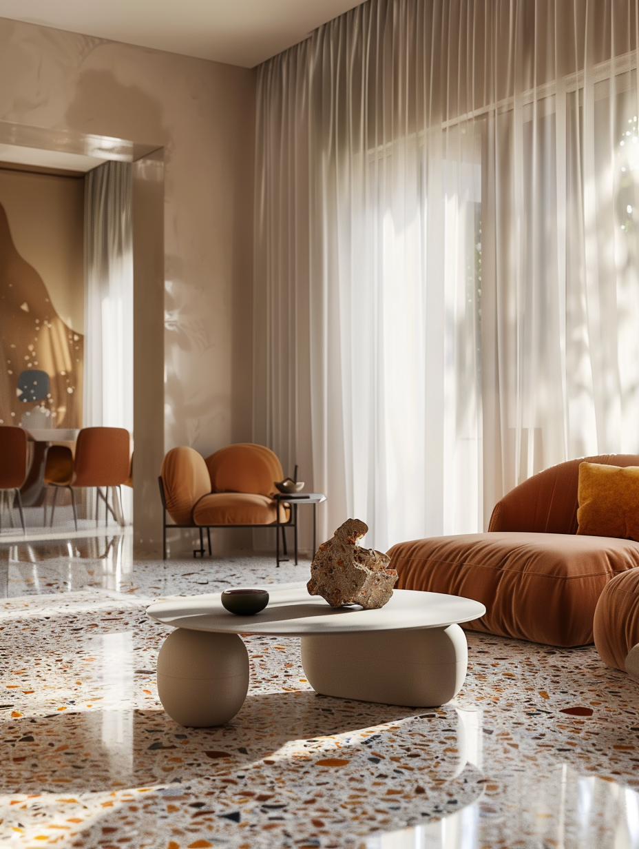 Capture a photorealistic image of a spacious living room that revives the retro charm with its Terrazzo flooring, embodying a polished, multi-colored surface glistening under a soft, natural light filtering through sheer curtains. The scene is balanced with mid-century modern furniture, featuring sleek lines and organic shapes, enhancing the nostalgic atmosphere. Emphasize the high detail and sharp focus on the intricate patterns of the Terrazzo, contrasting with the smooth textures of velvet cushions and a teak wood coffee table. Lighting mimics golden hour's warmth, achieved through global illumination techniques, creating subtle shadows and a cozy ambience. Adopt a Canon EOS R5 camera paired with a Canon RF 24-70mm F2.8 L IS USM lens, set to aperture f/5.6 to ensure depth and clarity across the scene. This composition, reminiscent of a Jonathan Adler styled shoot, uses film grain to add texture, grounding the image with a touch of realism reflective of 2020s high-quality visual content.