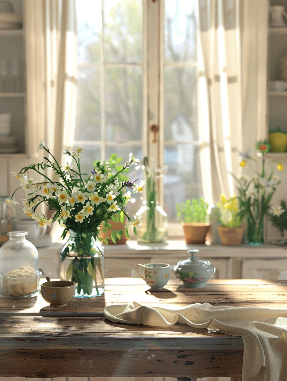 Create a photorealistic image capturing the essence of Homestead Renewal with a focus on Spring Decorating Ideas for the Home. Picture a rustic yet elegantly renovated farmhouse kitchen, bathed in the golden hues of early morning light filtering through sheer linen curtains. The scene is meticulously composed, akin to a Gregory Crewdson photograph, with a depth of field that brings high detail and sharp focus to a reclaimed wood dining table adorned with a centerpiece of fresh spring flowers—daffodils, tulips, and hyacinths—in a vintage glass vase. Surrounding the table, pastel-colored ceramics and various glass jars filled with fresh herbs line the windowsill, catching the light. Use a Canon EOS-1D X Mark III, with a 50mm f/1.2 lens, ensuring a balance between the warmth of the scene and the softness of the natural light, achieving global illumination that highlights textures—like the grain in the wood and the delicate veins of the flower petals. The composition employs a shallow depth of field to keep the table and decorations in sharp focus, while softly blurring the background, adding a hint of film grain to enhance the photorealistic quality and give a sense of immediacy and intimacy to this snapshot of homestead renewal in spring.